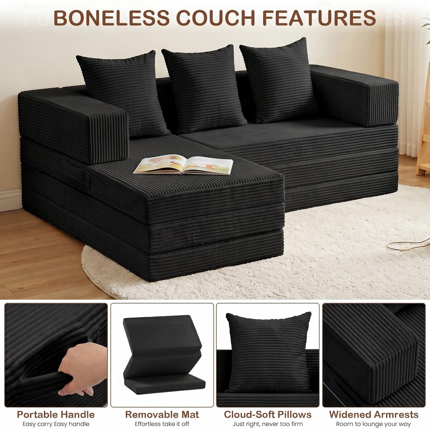 Ziydily Boneless Couches for Living Room, L Shaped Couch with Chaise, 4-in-1 Comfy Corduroy Fluffy Sofas, Mini Flexible Module Combination Compact Room Couch, No Assembly, Black