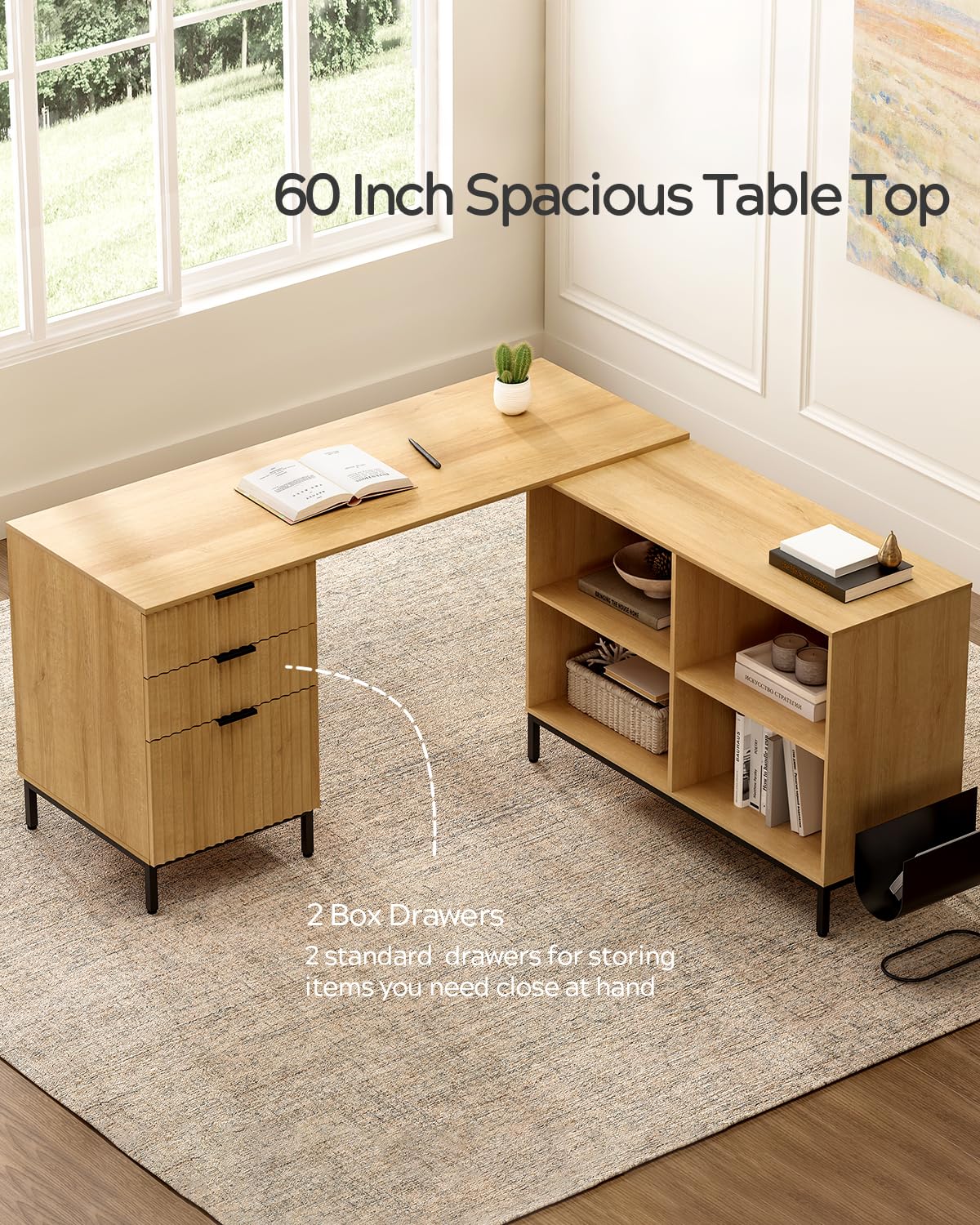 EYYTHUNG L Executive Desk with Storage Cabinet, 60" Fluted Modern Flexible Home Office Desk, Large Wood Convertible Computer Standing Up Desk with File Drawer, Writing Desk Natural Oak