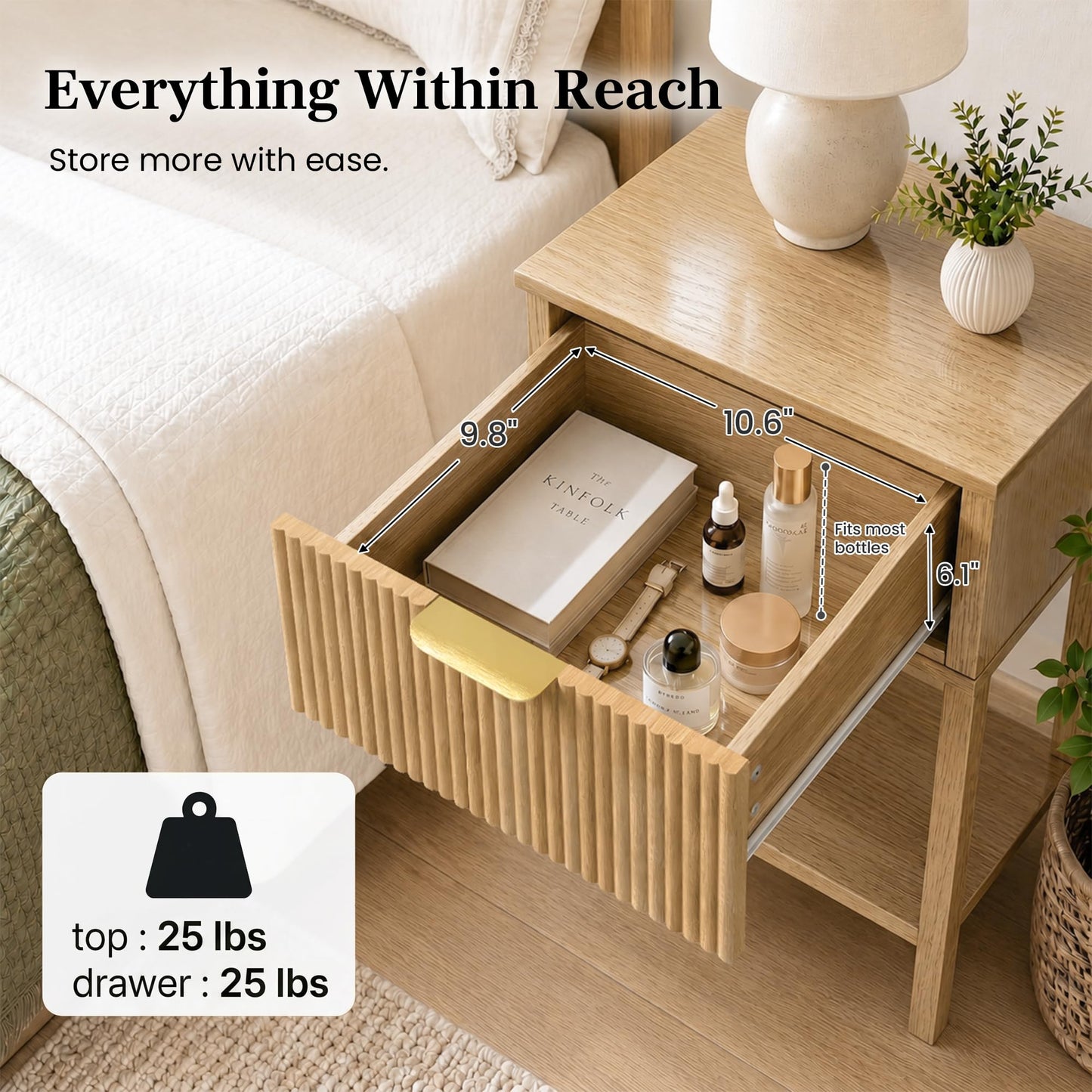 RIHHA Modern Fluted Small Wood Nightstand, 11.8" Deep x 15.4" Narrow Bedside Table with Drawer & Open Shelf, Boho Scandinavian Accent End Table for Bedroom & Sofa - Oak