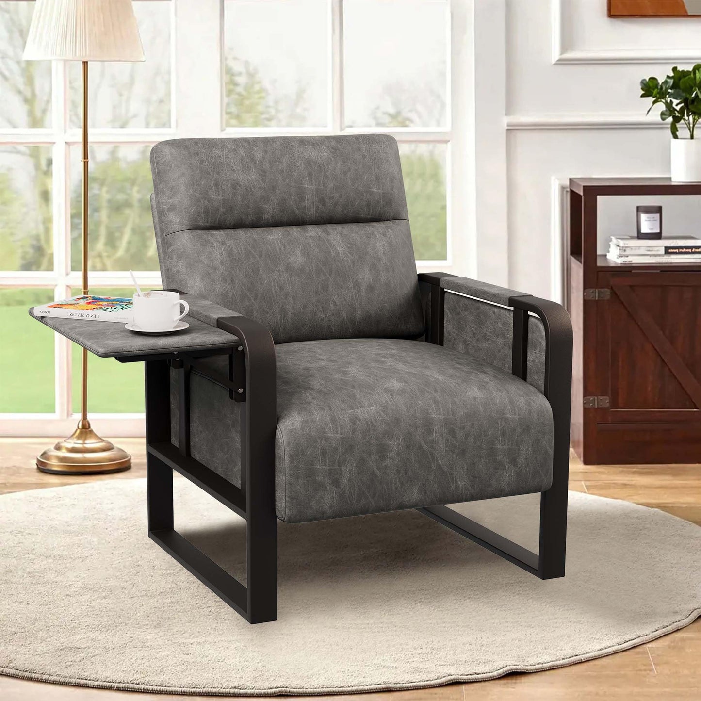 Apeaka PU Leather Accent Chair, Modern Armchair with Foldable Table Upholstered Side Chairs for Living Room Bedroom Office Chair Grey