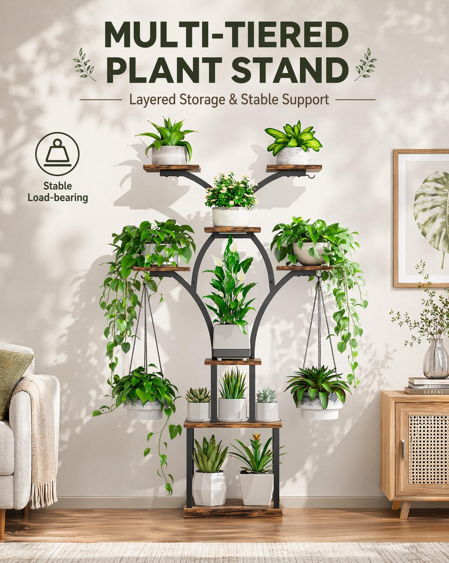 Elbourn 8 Tiered 60" Tall Plant Stand Indoor Shelf with Grow Lights (Brown)