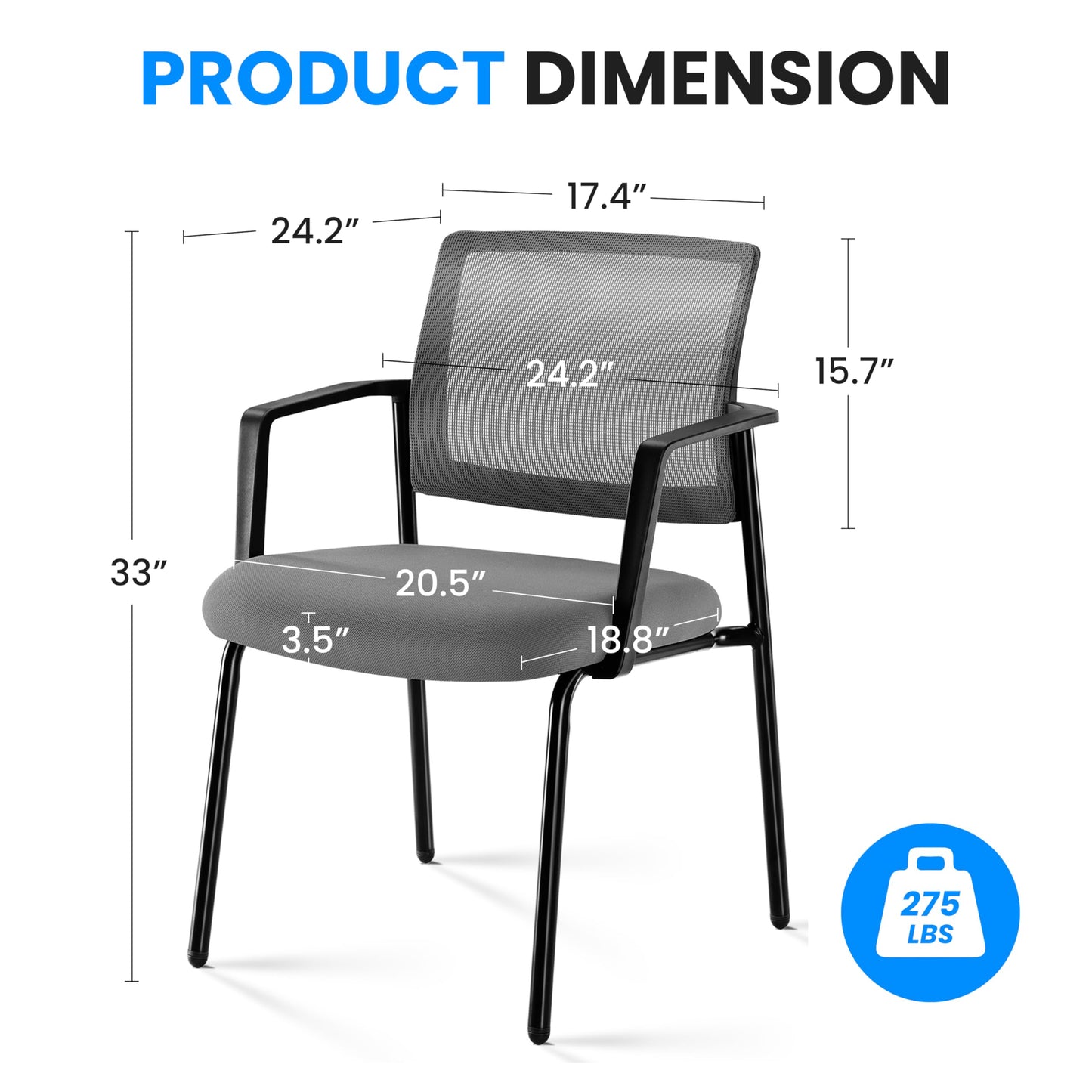 Simple Deluxe Guest Waiting Room Office Arm Chairs, Mesh Back & Ergonomic Support, Stacking Padded Fabric Seat, No Wheel for Reception Meeting Conference Rest for Home Lobby Computer Desk, Grey