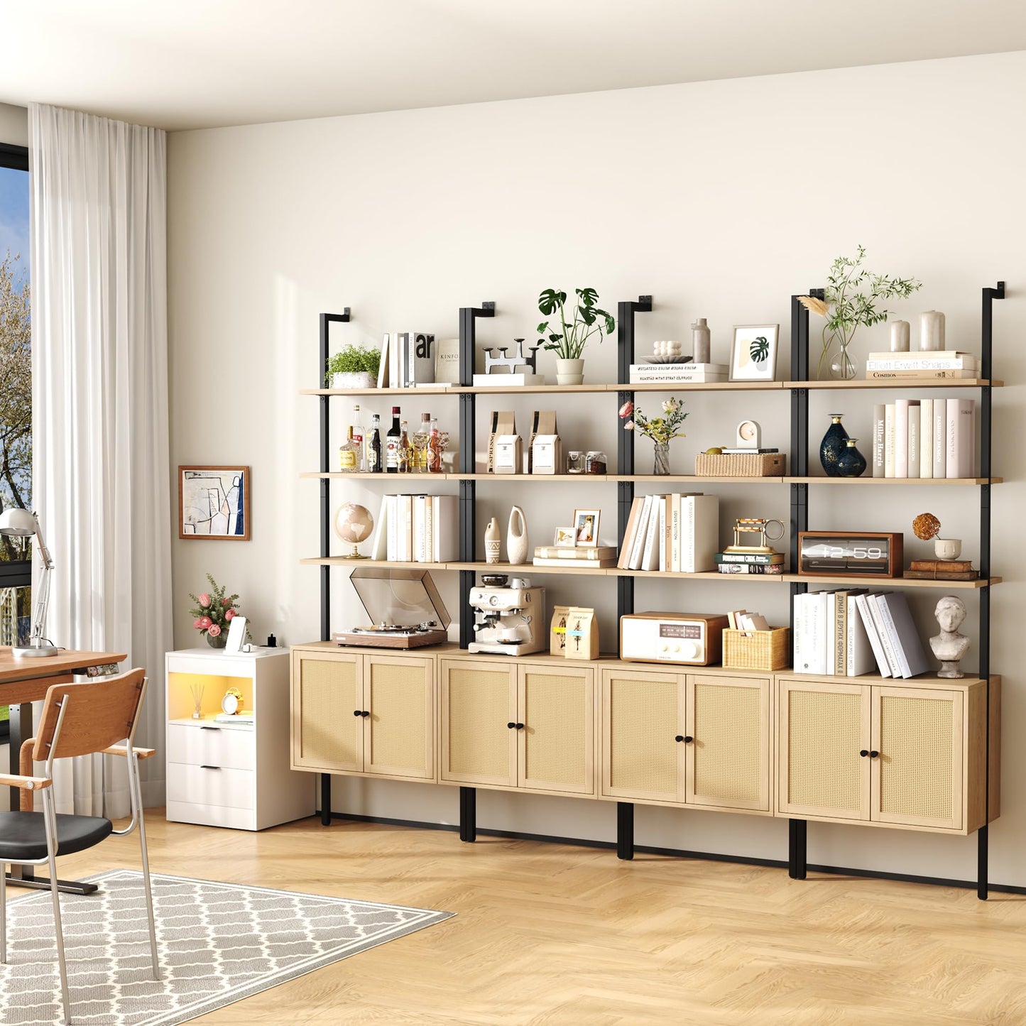 Yusong 73" Tall Bookshelf with Cabinet, Industrial Ladder Wall Mount Shelf Rattan Bookcase with Wood and Metal Frame, Plant Shelf Wall Storage Display for Living Room Bedroom,Light Ivory Brown