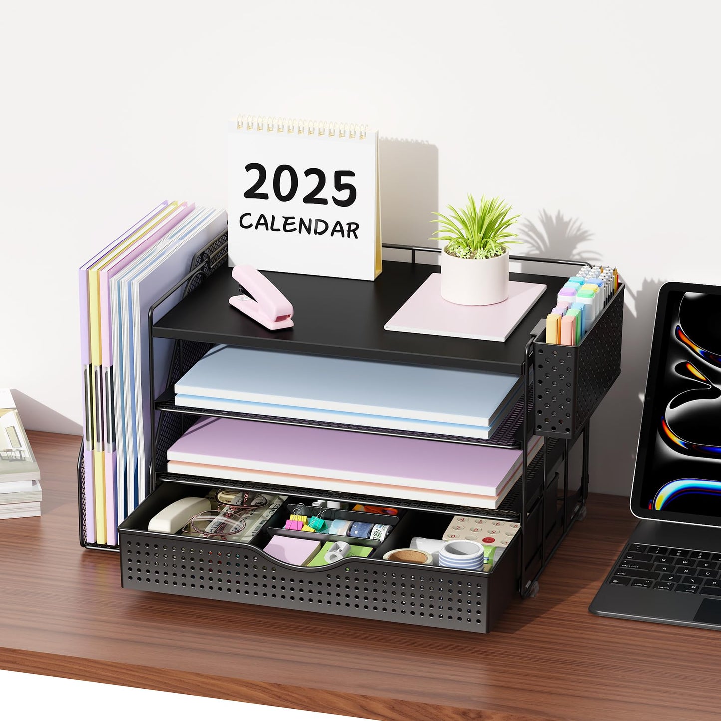 gianotter Wood Desk Organizers and Accessories with File Holder, 4-Tier Desk Accessories & Workspace Organizers with Drawer and Pen Holder, Desk Reference Organizer (Black, 4T with Drawer)