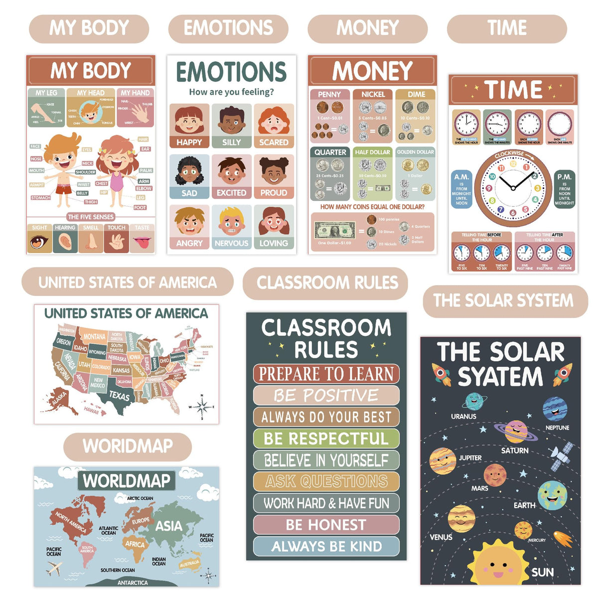 Sruchy 18 Boho Educational Posters for Classroom, 11x17in Laminated Educational Preschool Posters for Toddlers 1-3-5 Years Old - Homeschool, Kindergarten Classroom and Kids' Walls Decor