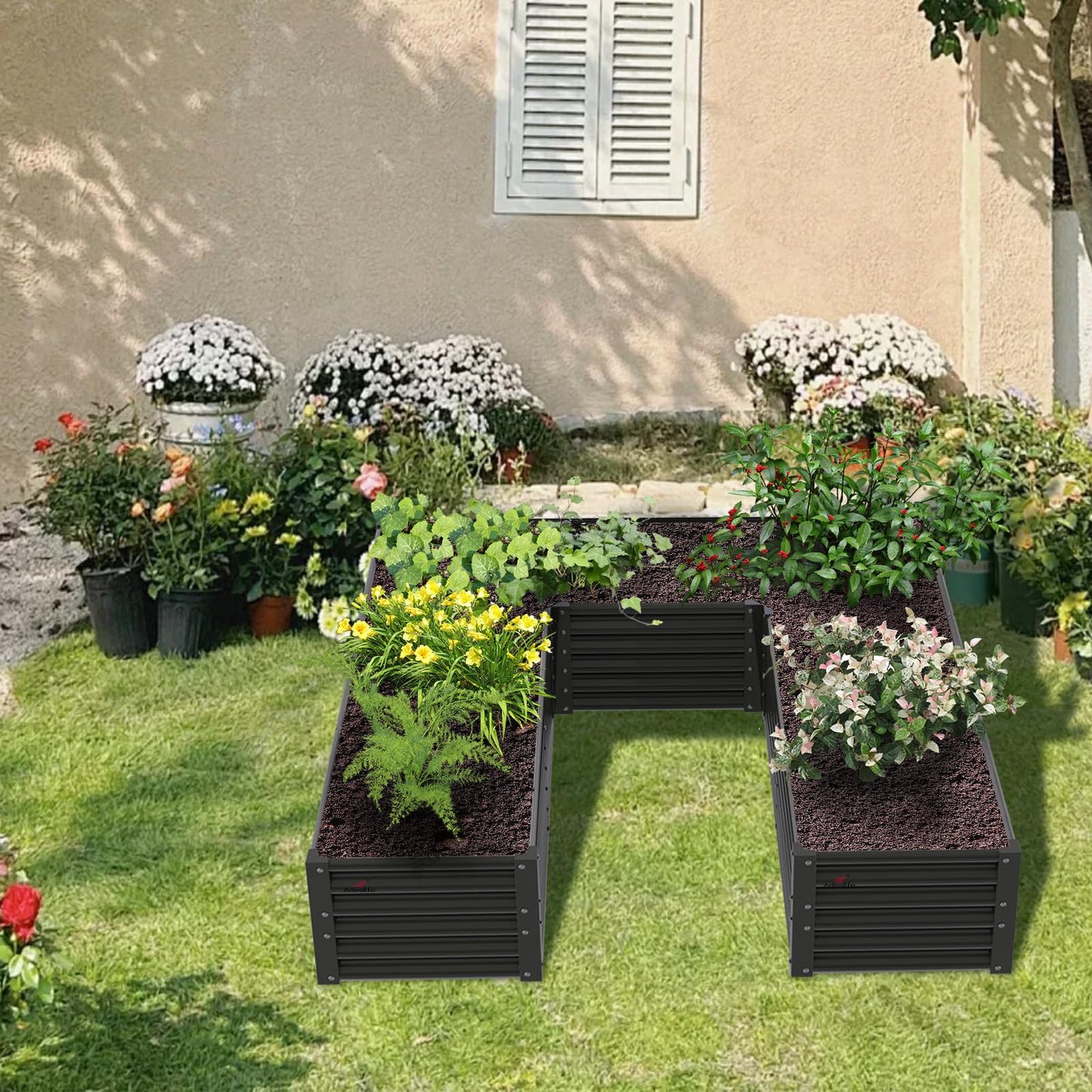 A ANLEOLIFE U-Shaped Outdoor Galvanized Raised Garden Bed, 6x6x1.5ft, Center-Access Bottomless Planter Box, 22-Gauge Corrugated Metal, Reinforced Bracing Rods, Quartz Grey