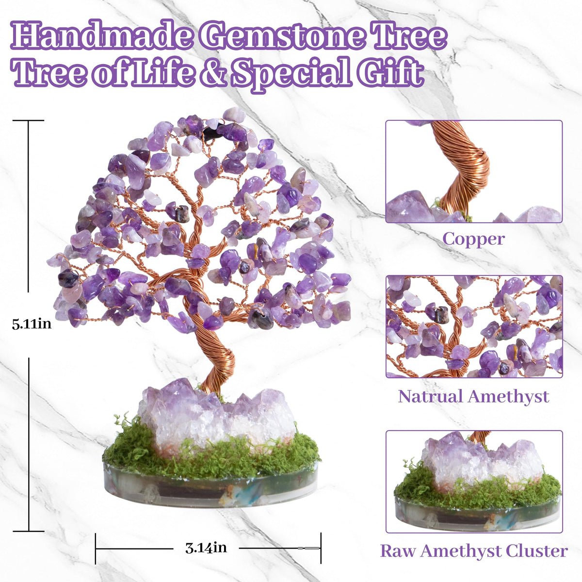 Dreamocean Amethyst Crystal Tree of Life Healing Crystal Money Gemstone Bonsai Tree with Natrual Amethyst Cluster Geode Home Office Desk Reki Decor for Women Purple Gifts for Women（Purple）