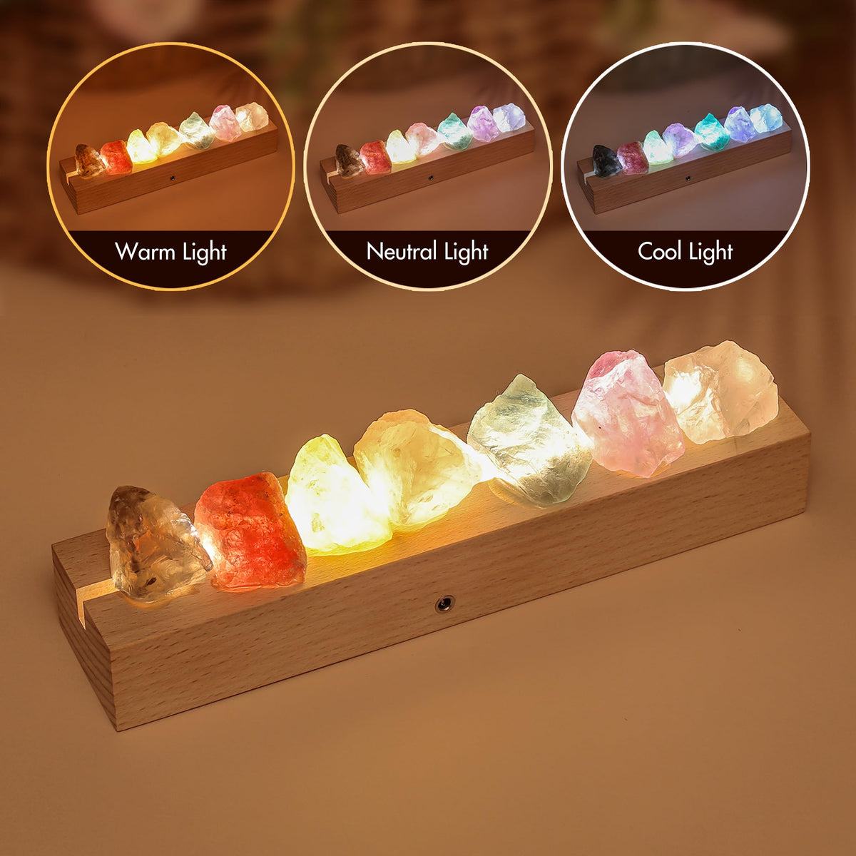 HYAMVOR Healing Crystal Night Light, 7 Chakra Natural Bedside Lamp with Wooden LED Light Base, Healing Stones Positive Energy Night Lights for Home Decor Gifts (Rechargeable)