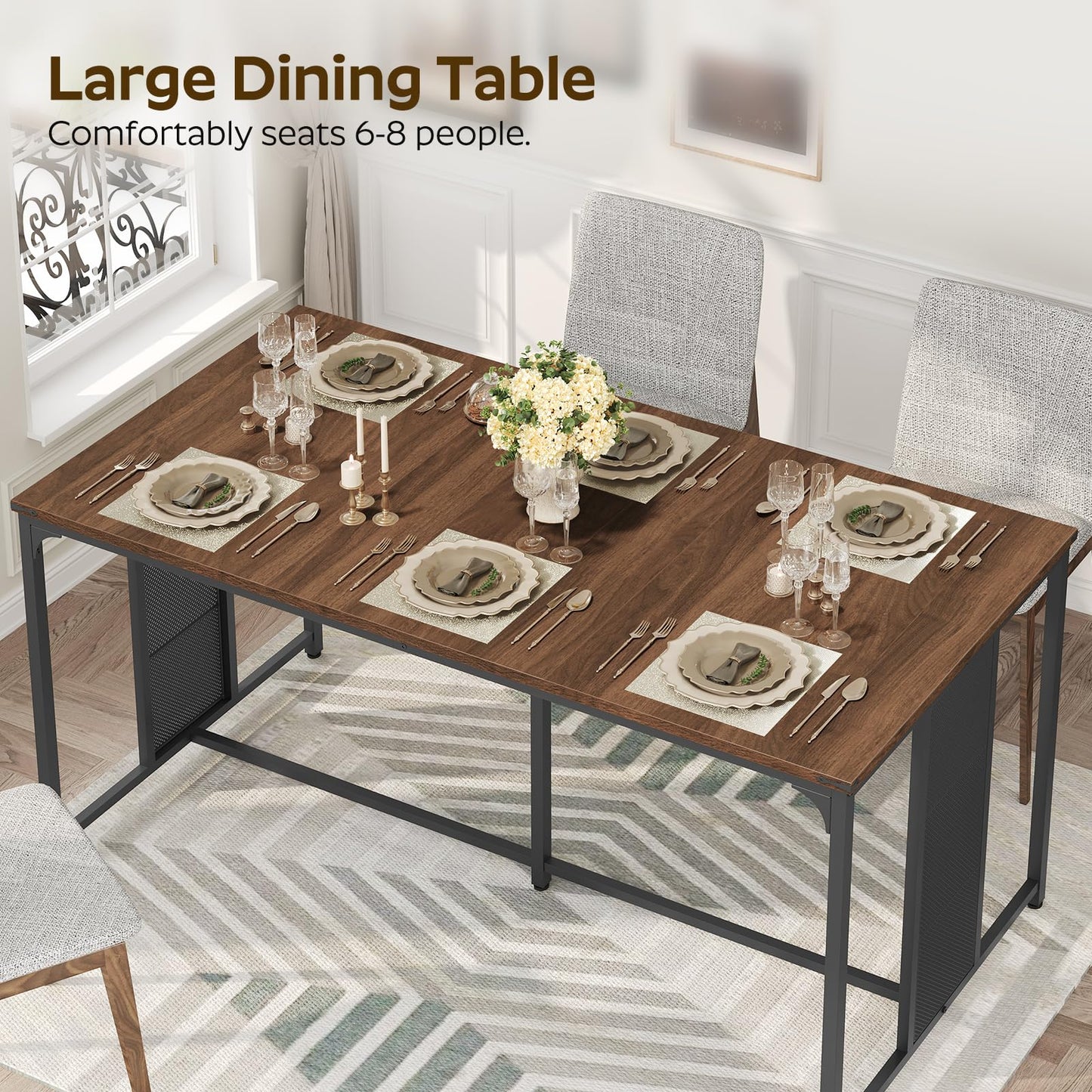 YATINEY Dining Table for 6-8, 63" Large Kitchen Table, Industrial Dining Room Table, Wooden Rectangular Table with Adjustable Feet, for Dinner, Kitchen, Walnut and Black CZ03BH