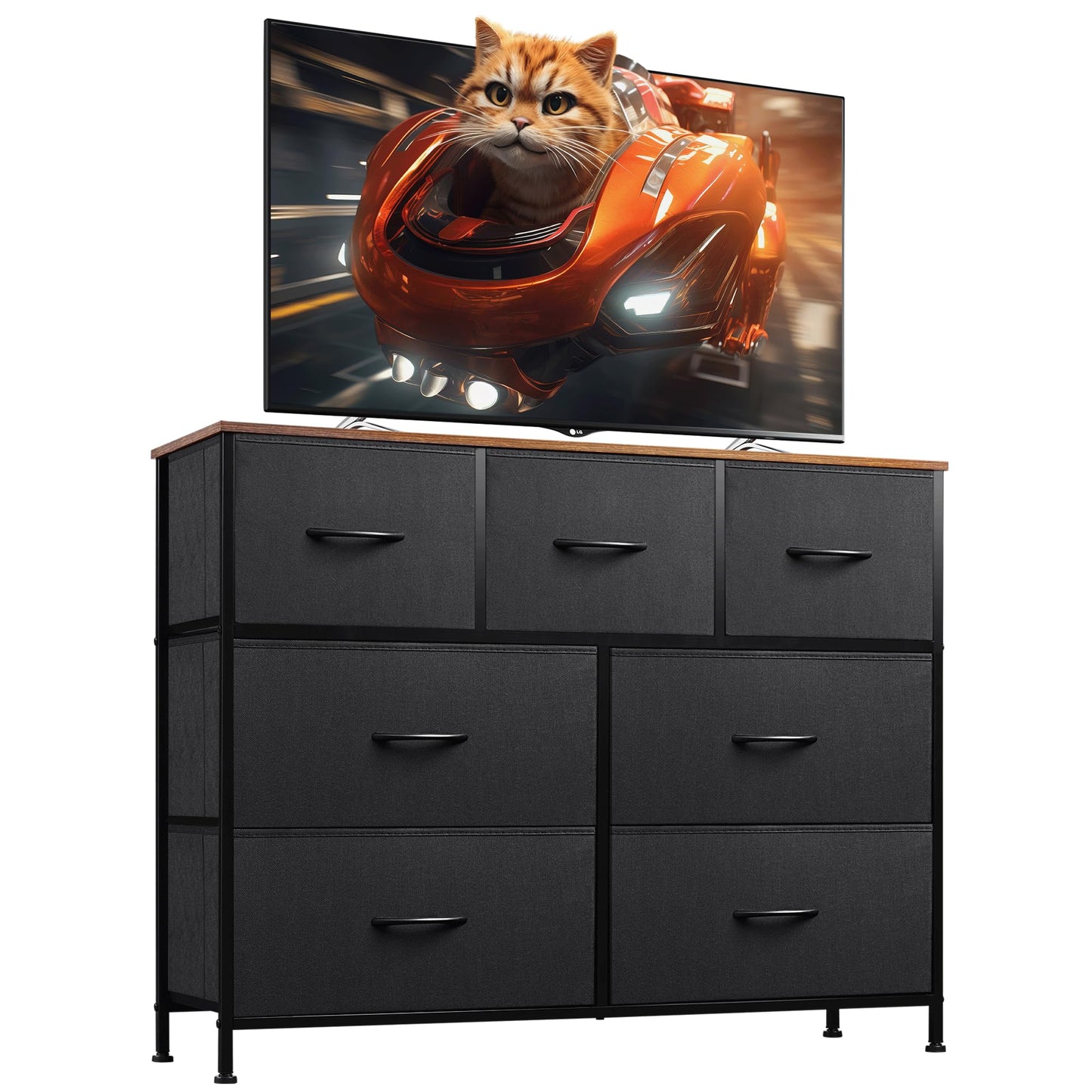 WLIVE 7 Drawer Dresser TV Stand, Entertainment Center, Media Console Table with Metal Frame and Wood Top for TV up to 45 inch, Chest of Drawers for Bedroom, Living Room, Black and Rustic Brown
