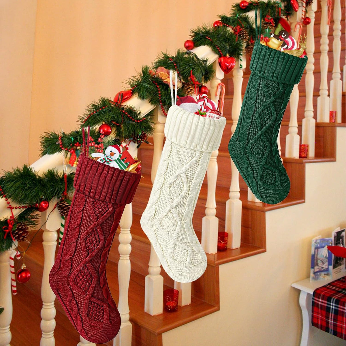 OYB Christmas Stockings，18 Inches Knitted Christmas Stockings，Large Christmas Stockings，Decorations for Family Holiday Xmas Party(Red)