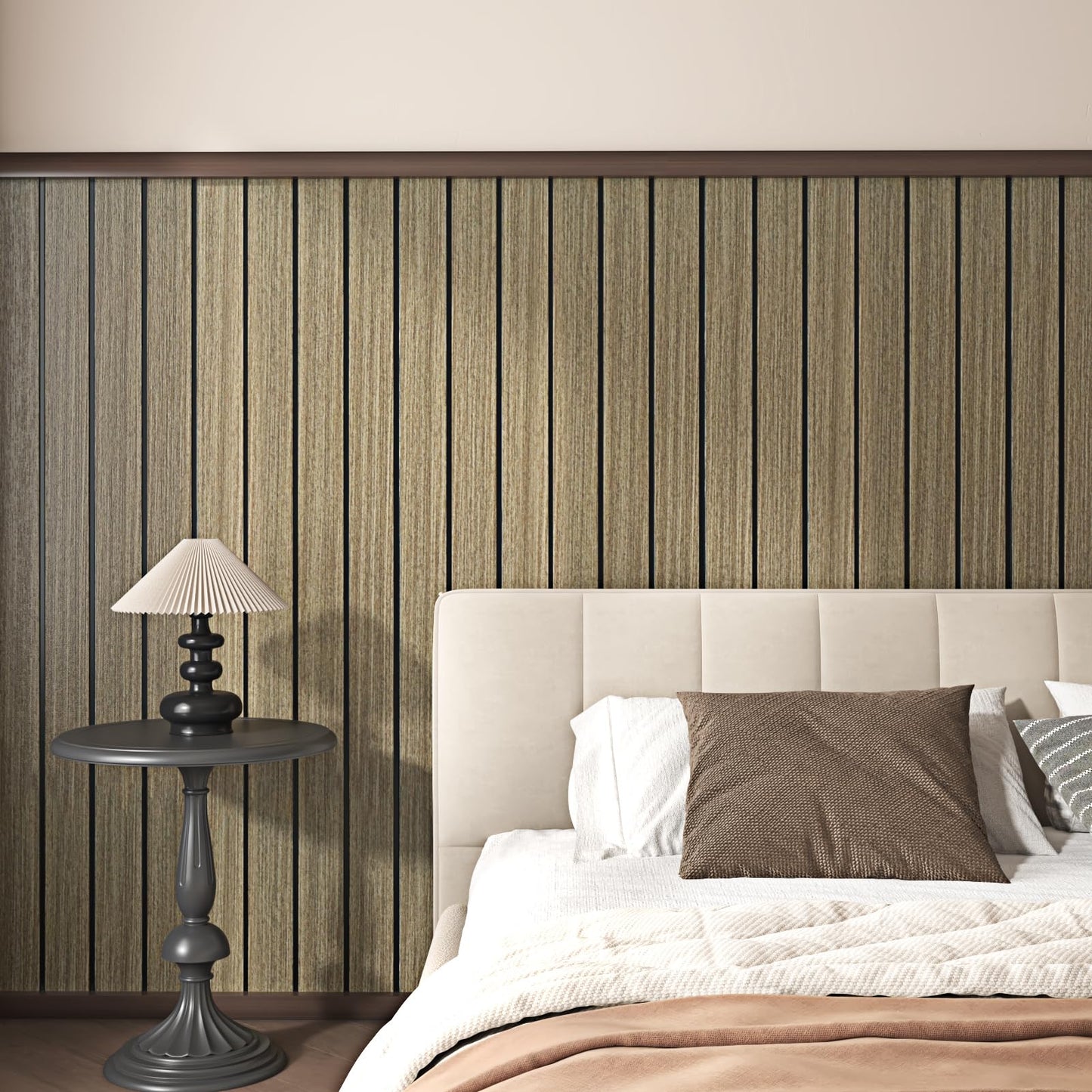 STICKEEP PVC Wood Slat Wall Panel 197"x23.6" Brown Acoustic Wall Panels Peel and Stick Self Adhesive 3D Wooden Slat Wallpaper Soundproof Foam Paneling for Bedroom Living Room Studio Ceilings