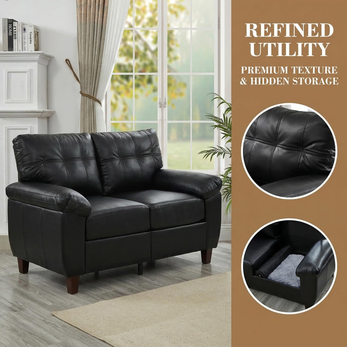 KEIKI 138" Modern PU Leather Living Room Sofa with Storage, Sofa Set with Loveseat and Three Seat Couch, Wide Armrest Tufted Cushion Comfortable Spring Seating for Living Room Apartment Lounge, Brown