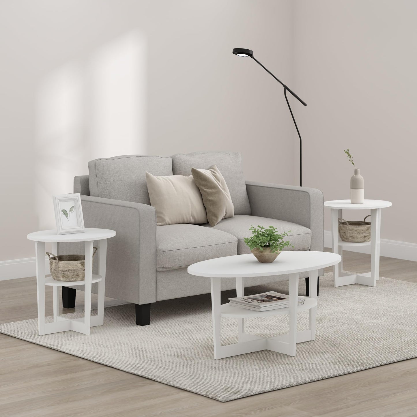Furinno Jaya 2-Tier Round Coffee Table, Small Grey Coffee Table with Storage Shelf, Oval Center Table for Living Room, Bedroom, Home Office, Grey Oak