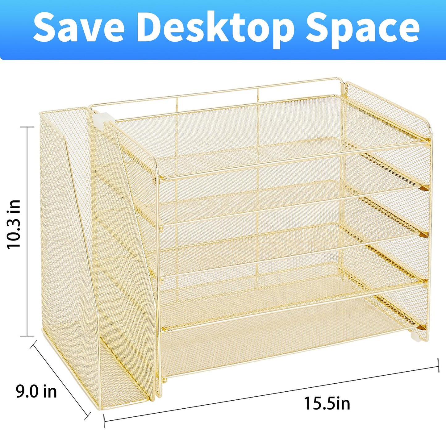 OPNICE Desk Organizer, 5-Tier Paper Organizer Letter Tray with Magazine Holder, Office Desk Accessories & Workspace Organizers, Desktop File Organizer for Office Supplies Storage, Gold