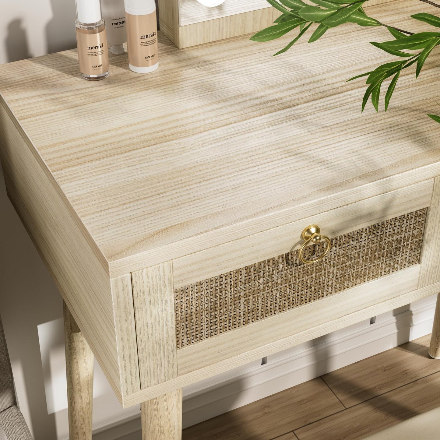 BOLUO Makeup Vanity Desk with Hollywood Mirror and Lights, Boho Girls Vanity Set with Stool, Make Up Dressing Table with Drawers and Outlet for Bedroom