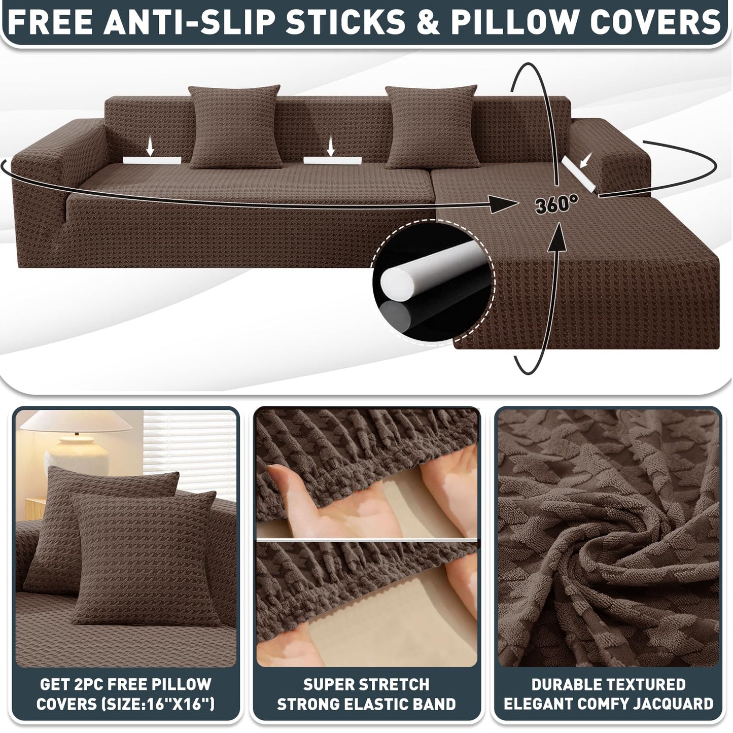 ZNSAYOTX Stretch Sectional Couch Covers New-Houndstooth Texture, Thick Slipcovers with Elastic Bottom for L Shape Sectional Sofa, 2 Pcs Pet Friendly Universal Protector (Chaise or Sofa), Brown