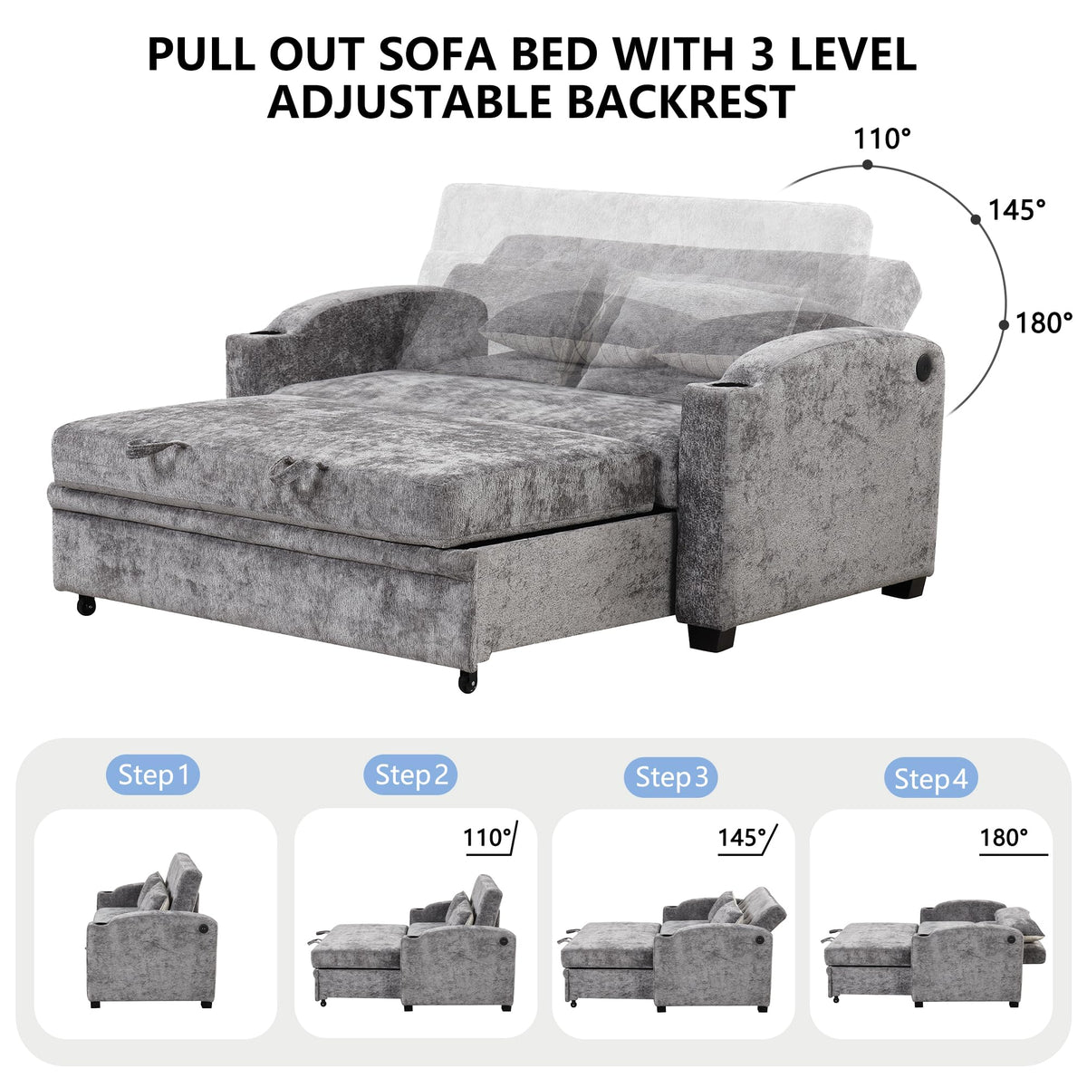 GDFStudio Pull Out Sofa Bed with USB Ports and Cup Holders, 3-Position Adjustable Backrest Chenille Loveseat, Sturdy Frame Compact Couch for Living Room Apartment Guest Bed, Gray