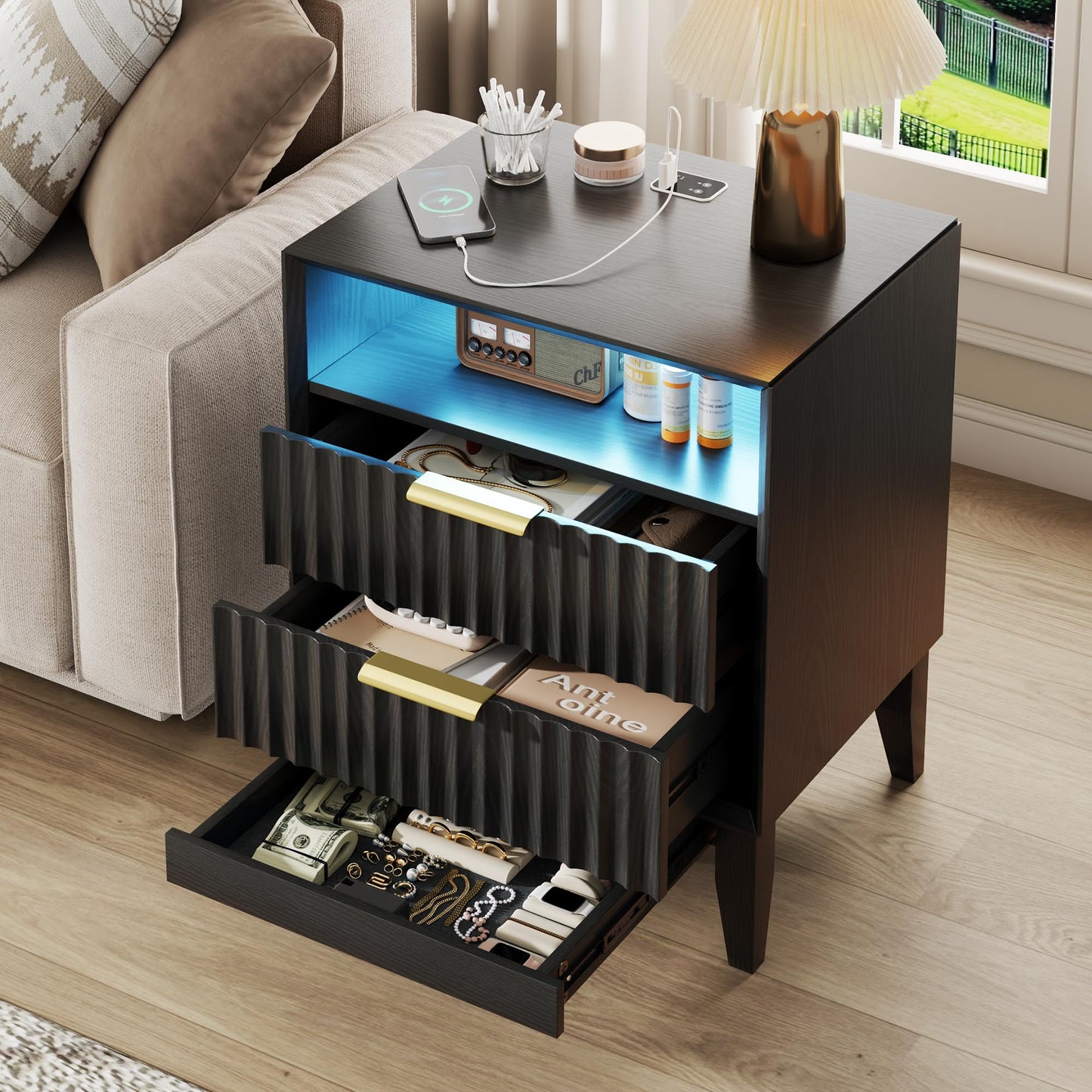 LVSOMT 20'W Fluted Nightstand with Charging Station, LED Night Stand with RFID Lock Hidden Drawer, Mid Century Modern Bedside Table for Bedroom, 2 Drawers and Open Storage Cubby, Black