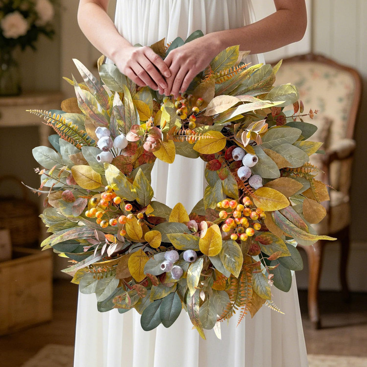 WANNA-CUL 22 Inch Eucalyptus Fall Front Door Wreath Harvest Farmhouse Decor