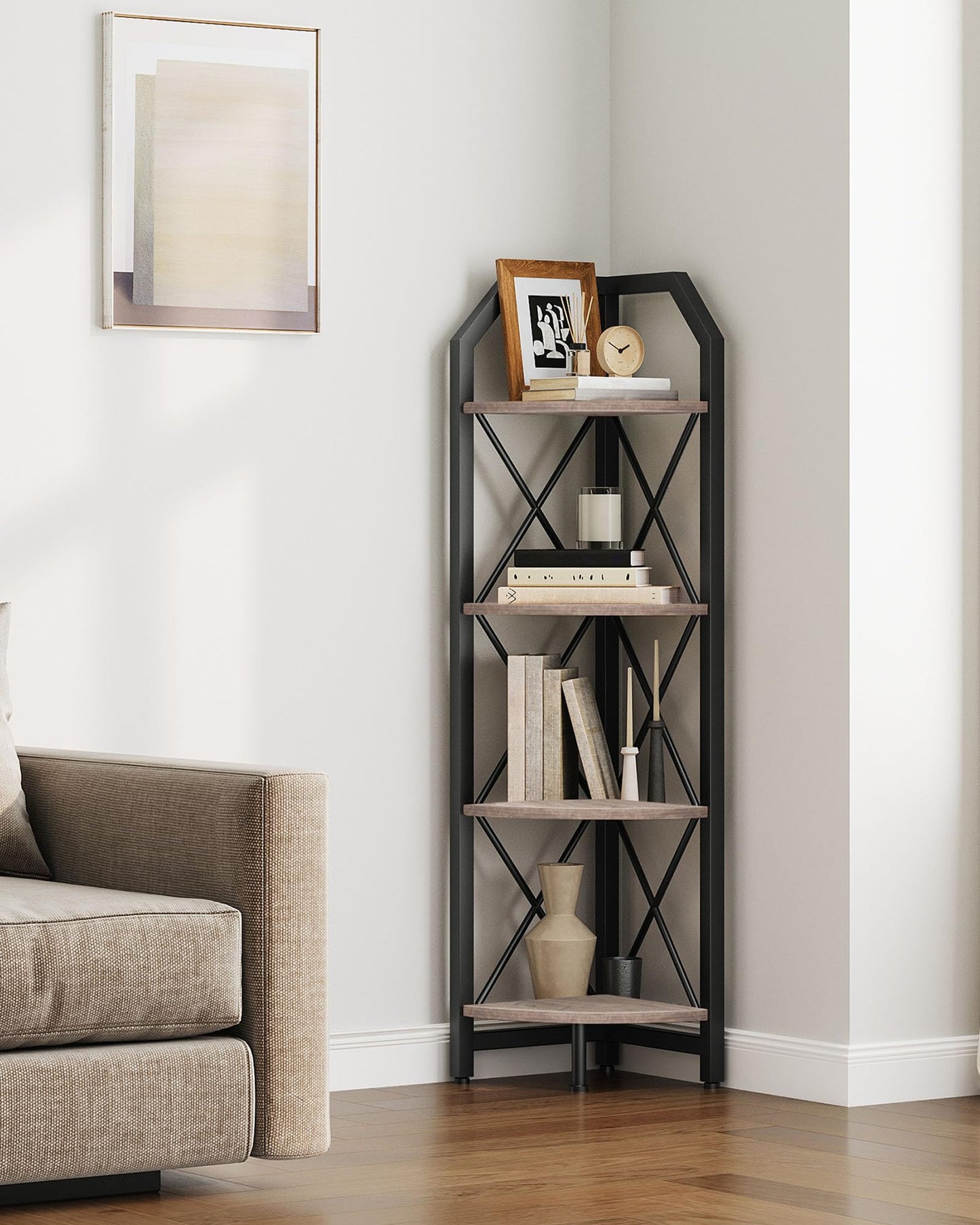 CHOEZON 4-Tier Corner Shelf, Industrial Corner Bookshelf, 47.6" Corner Storage Stand, Plant Stand Display Shelf, Corner Bookcase for Bedroom, Living Room, Home Office, Greige and Black TCJ09BG