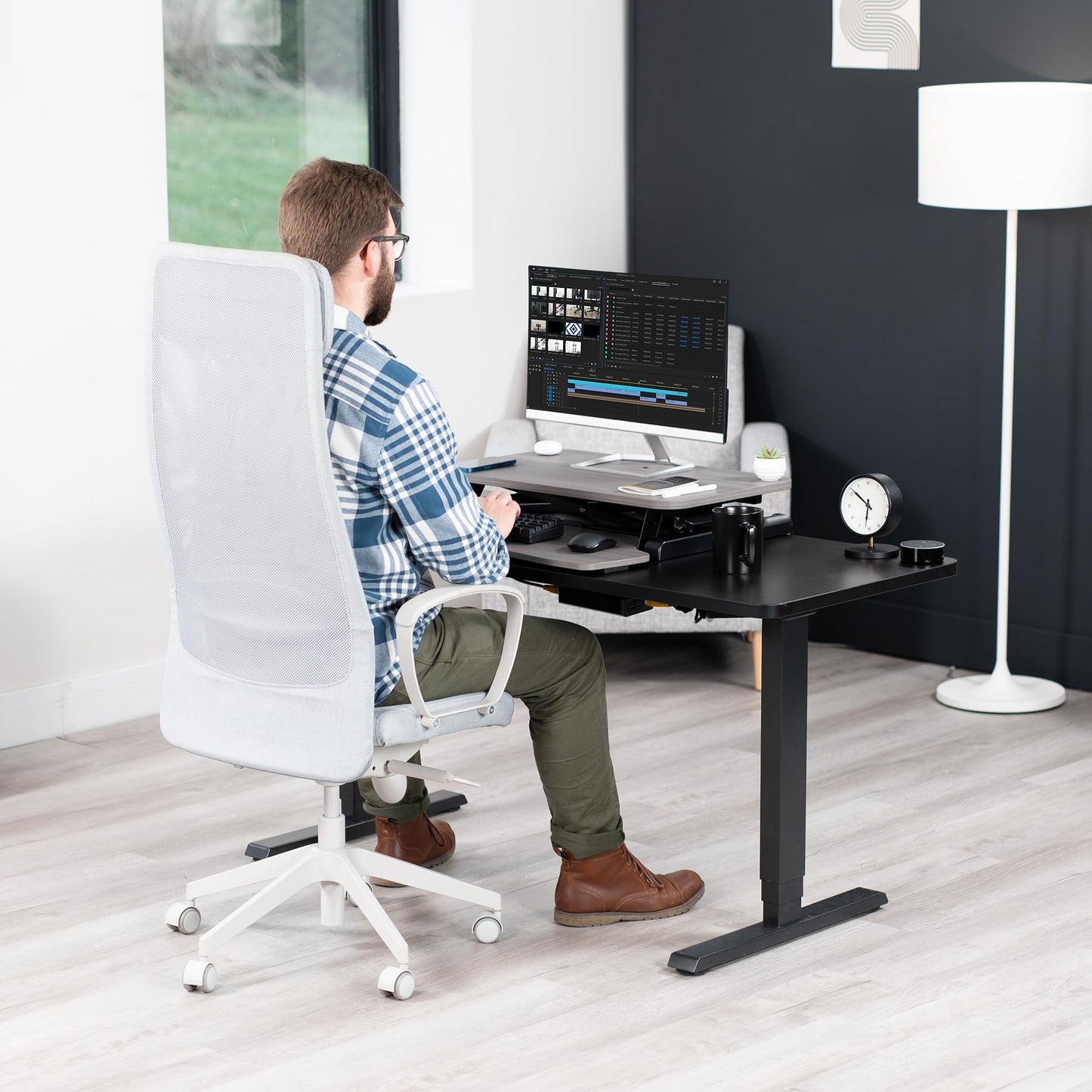 VIVO 26 inch Desk Converter, K Series, Height Adjustable Sit to Stand Riser, Dual Monitor and Laptop Workstation with Keyboard Tray, Gray Top, Black Frame, DESK-V026KG