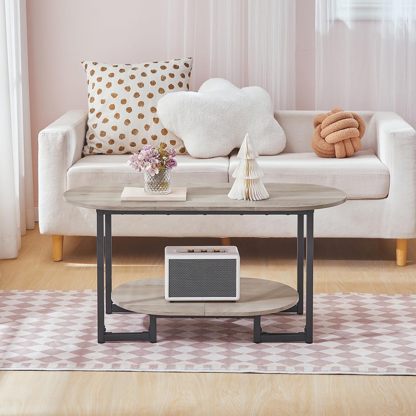 HOOBRO Coffee Table for Living Room, Oval Small Coffee Table with 2-Tier Open Storage Shelf, Industrial Cocktail Tea Table, Wooden Desktop Center Table, Farmhouse, Home Office, Greige BG09KF01