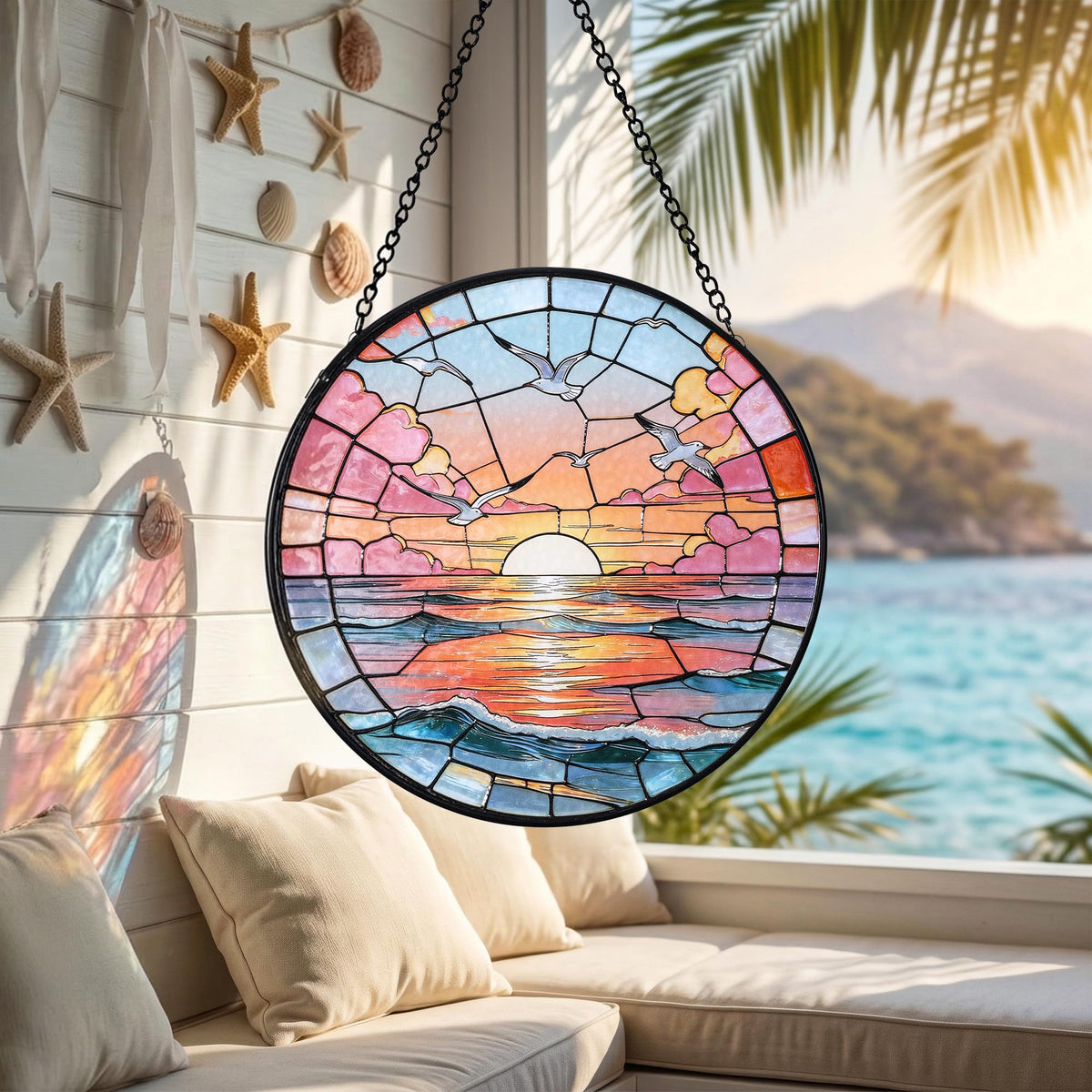 Hanging Stained Glass for Windows,20cm/7.87inch Sea Sunrise Stained Glass Suncatcher with Chain Garden Diamond Glass Panel Hangings Decoration for Home Decor Gifts for Family Friends Colleagues