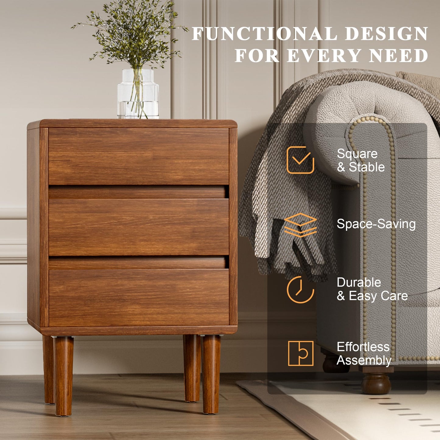 Nightstand with 3 Drawers Narrow Night Stand Solid Wood Bedside Table Mid Century Modern Nightstand Wooden End Table for Bedroom, Study, Office