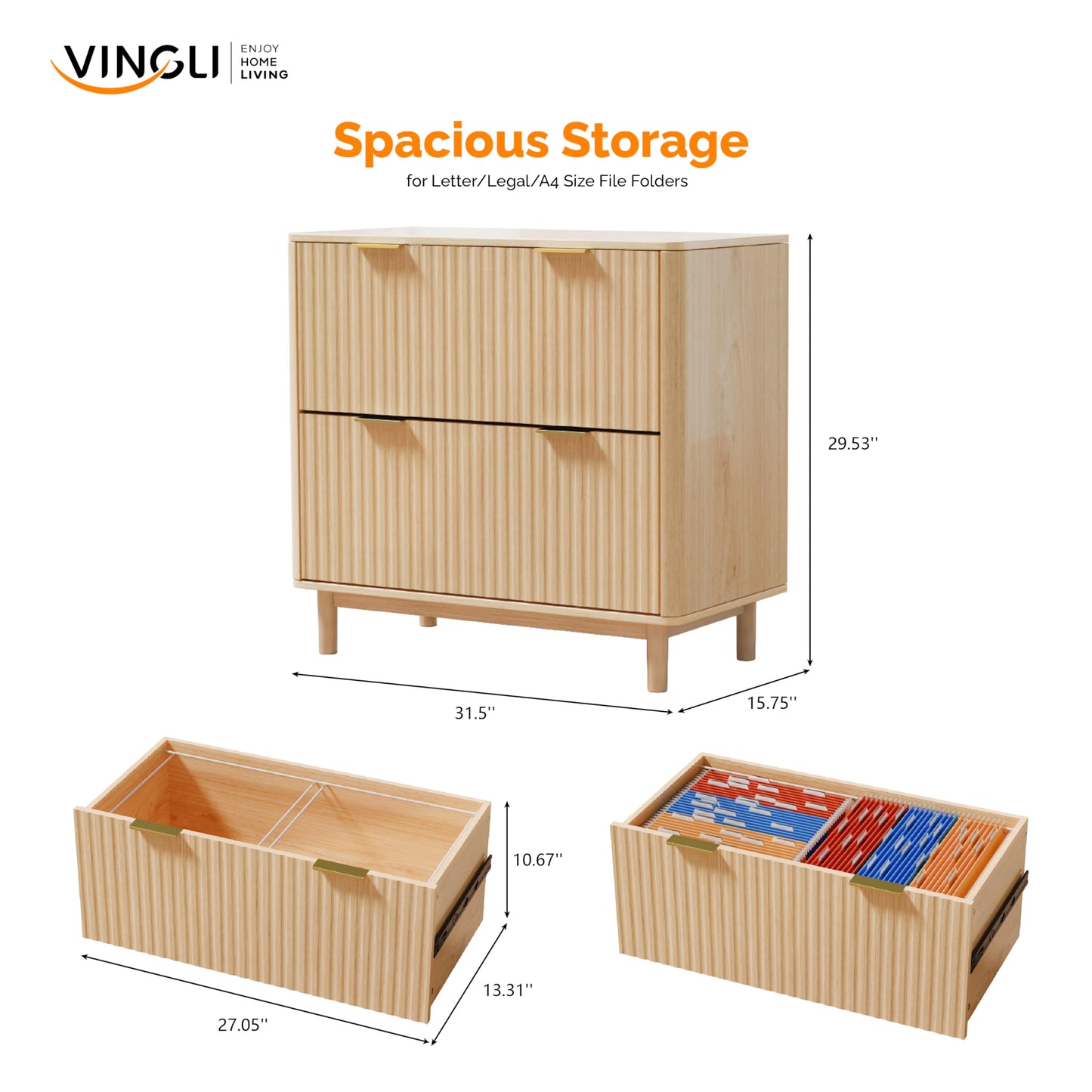 VINGLI 2 Drawer File Cabinet, Home Office Filing Organizer, for Letter Legal A4 Size File Folder Storage, Modern Style Fluted Design, Wood Lateral Filing Cabinet, Printer Stand, Archivador (Oak)