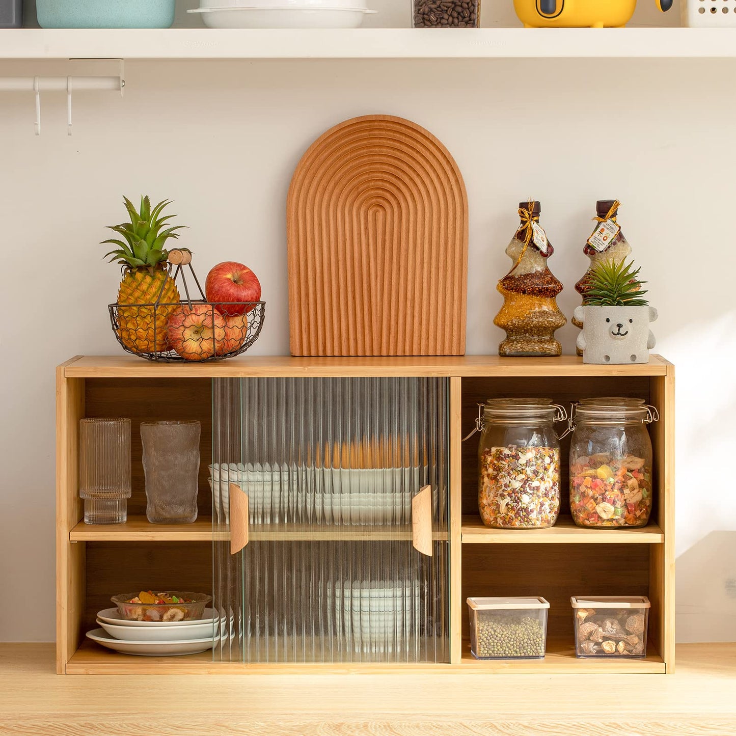 HollyHOME Bamboo Wall Mounted Kitchen Pantry Sideboard with 2 Doors and Adjustable Shelves, Freestanding Wall Storage Cabinet with Shelf for Bottle, Dish, Bowl, Console Dining Cupboard, Burlywood