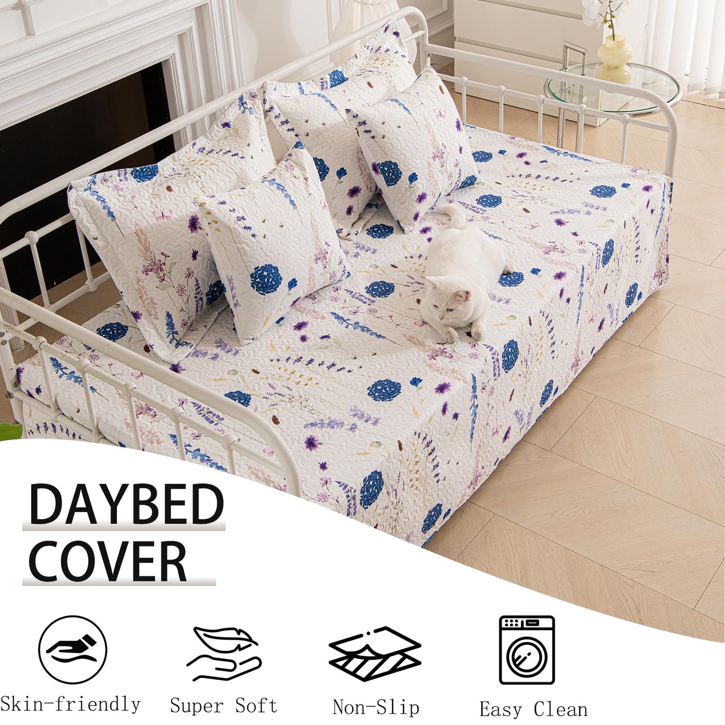 TieyaChkis 5 Piece Floral Daybed Cover Set Twin Daybed Bedding Sets for All Season Lightweight Flower Day Bed Comforter with Matching Shams&Decorative Pillows,39"x75"