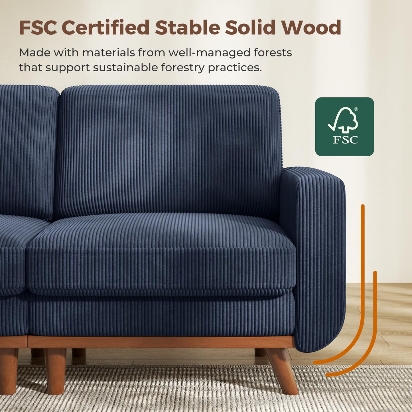 L-Shaped Sectional Sofa, 3-Seater Convertible Couch with Ottoman, FSC Certified Solid Wood Frame, Spring Cushions, Curved Armrests, Comfort Corduroy Sofa for Living Room, Apartment, Office, Blue