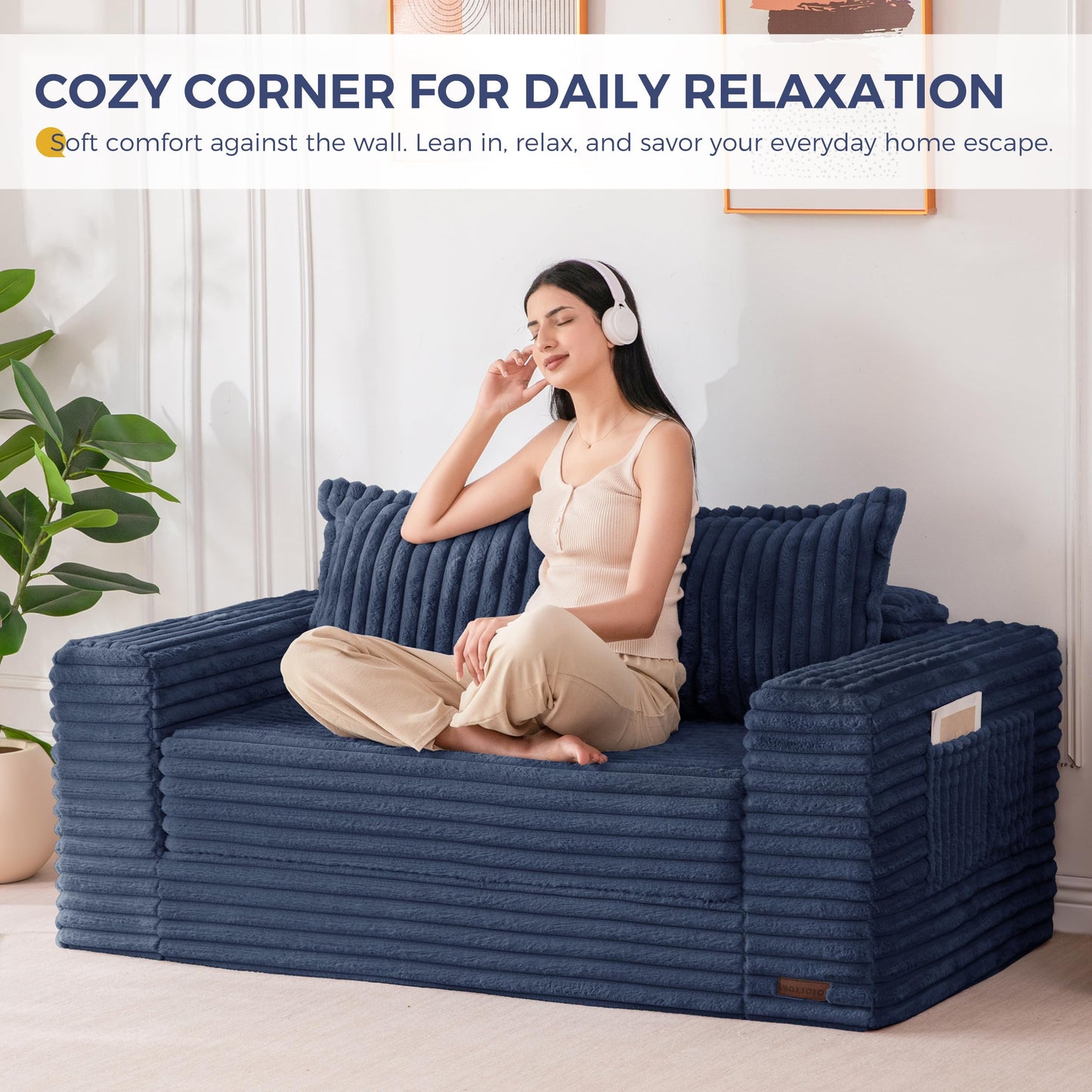 MAXYOYO Convertible Sofa Bed, 2 in 1 Folding Couch Bed for Small Space, Pull Out Loveseat Sofa Couch with Large Back Pillow, Plush Faux Fabric Lounge Couch for Living Room, Apartment, Navy