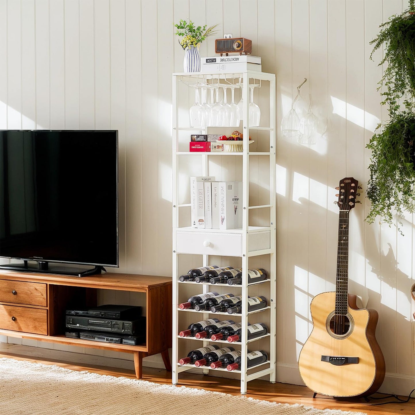 IBUYKE Wine Rack Freestanding Floor, Bar Cabinet for Liquor and Glasses,Coffee Bar Cabinet 4-Tier Wood bar Cabinet,Glass Holder and Storage Drawer for Home Bar Kitchen Living Room,White UTMJ905W