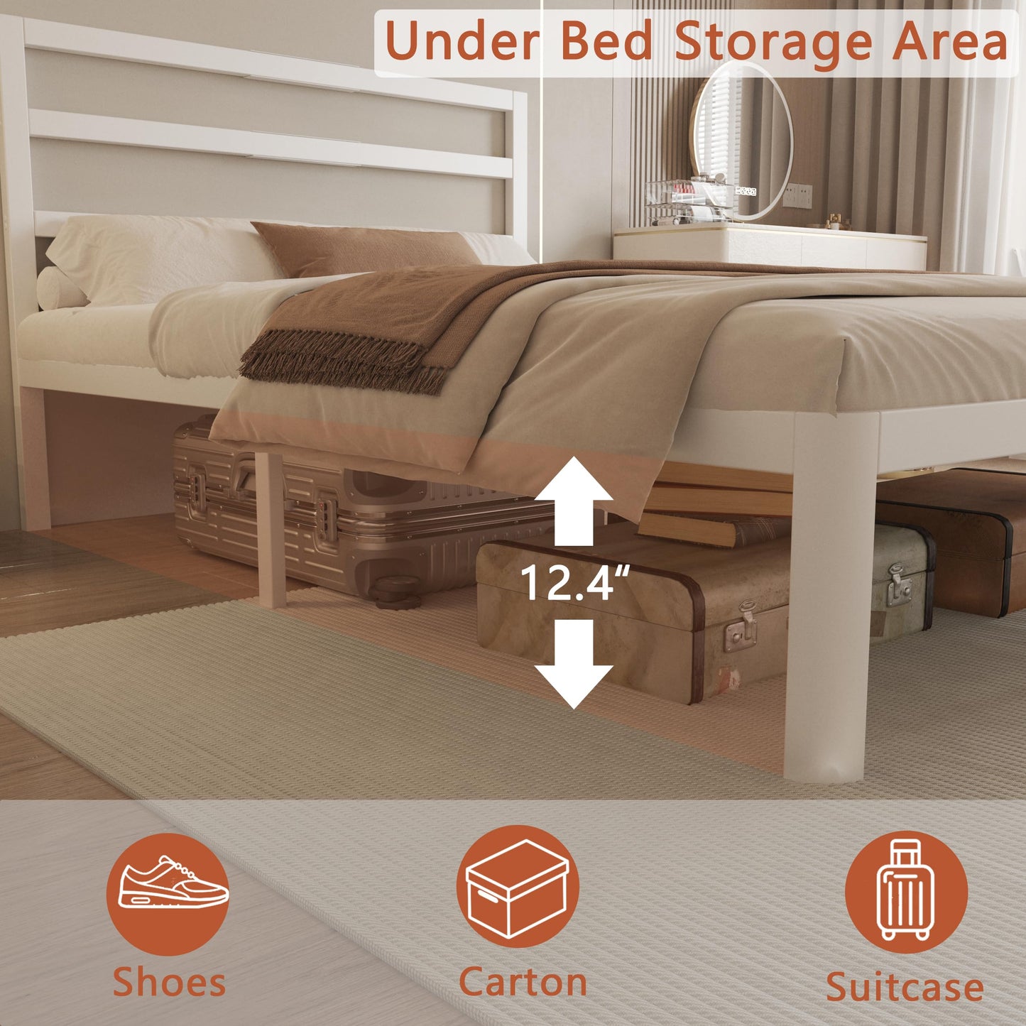 ZKQ 14 Inch Full Bed Frame with Headboard, White Metal Full Size Bed Frame, No Box Spring Need, Anti-Slip Gaskets, Noise-Free, Heavy Duty Steel Platform Support, Easy Assembly