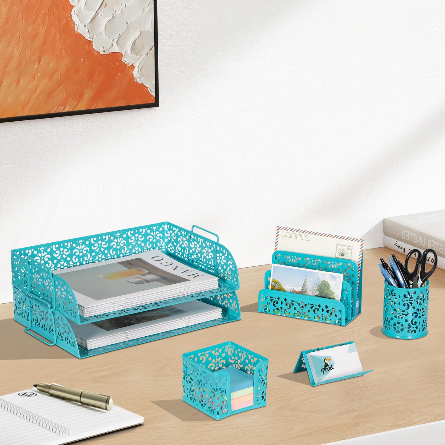EasyPAG Desk Organizers and Accessories 5 Pieces Office Supplies Set - 2 Tier Paper Tray, Pencil Organizer for Desk, Mail Sorter Countertop, Business Card Holder and Sticky Note Holder, Dark Teal