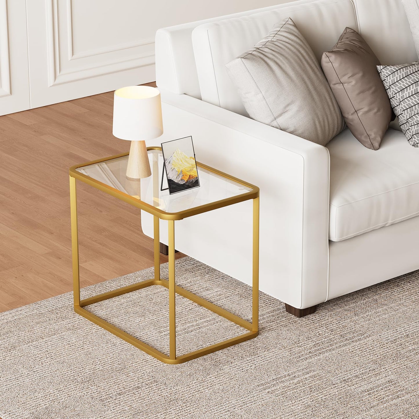 Garden 4 you Glass Side Table, Rectangle End Table with Metal Frame, Modern Bedside Table for Office, Bedroom, Living Room, Study,Small Spaces,Easy Assembly,23.6x15.7x20.8 Inches,Gold
