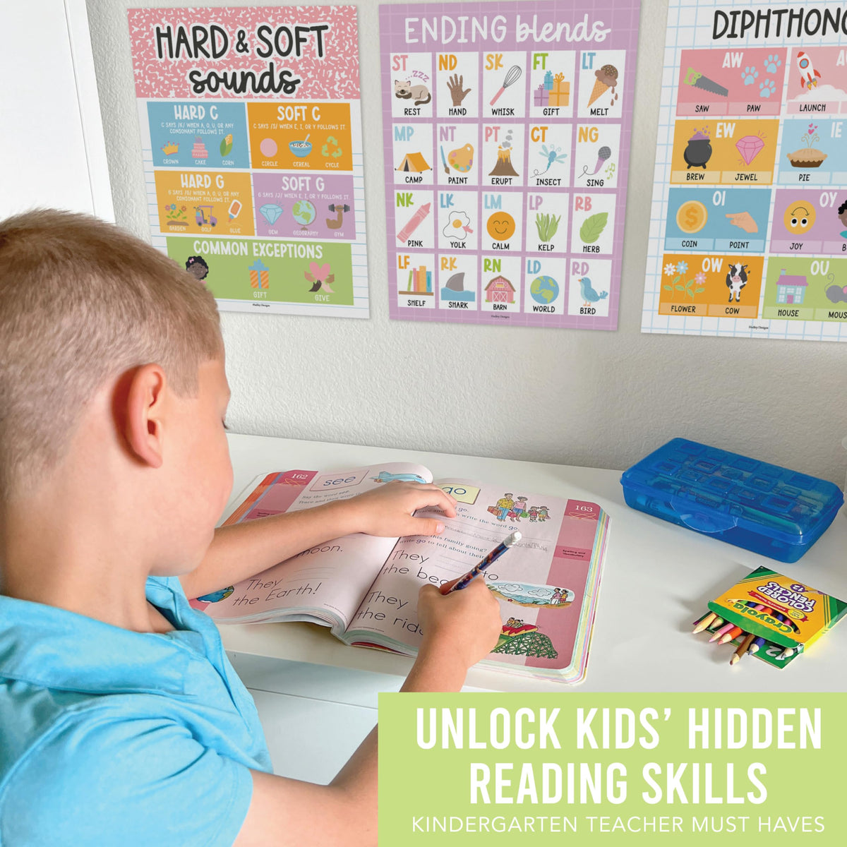 Hadley Designs Phonics Posters for Classroom Must Haves - 9 Sound Wall for Kindergarten & Elementary Teacher Supplies, Syllable, Vowels, Digraphs & Blends Bulletin Board Set, Pastel Classrom Decor