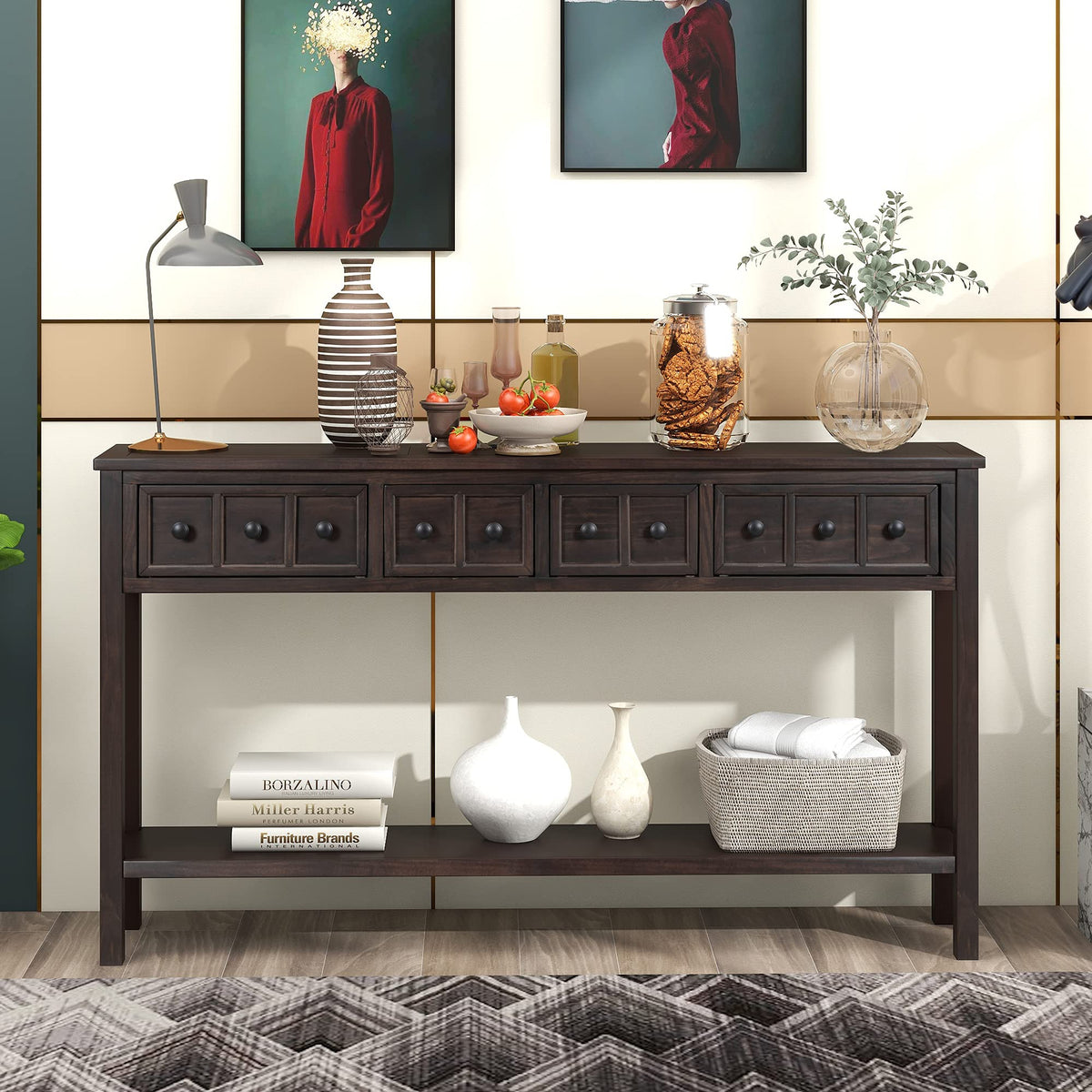 Merax Rustic Console Table for Hallway,Wood Narrow Sideboad with Drawers and Bottom Shelf for Entryway, Espresso