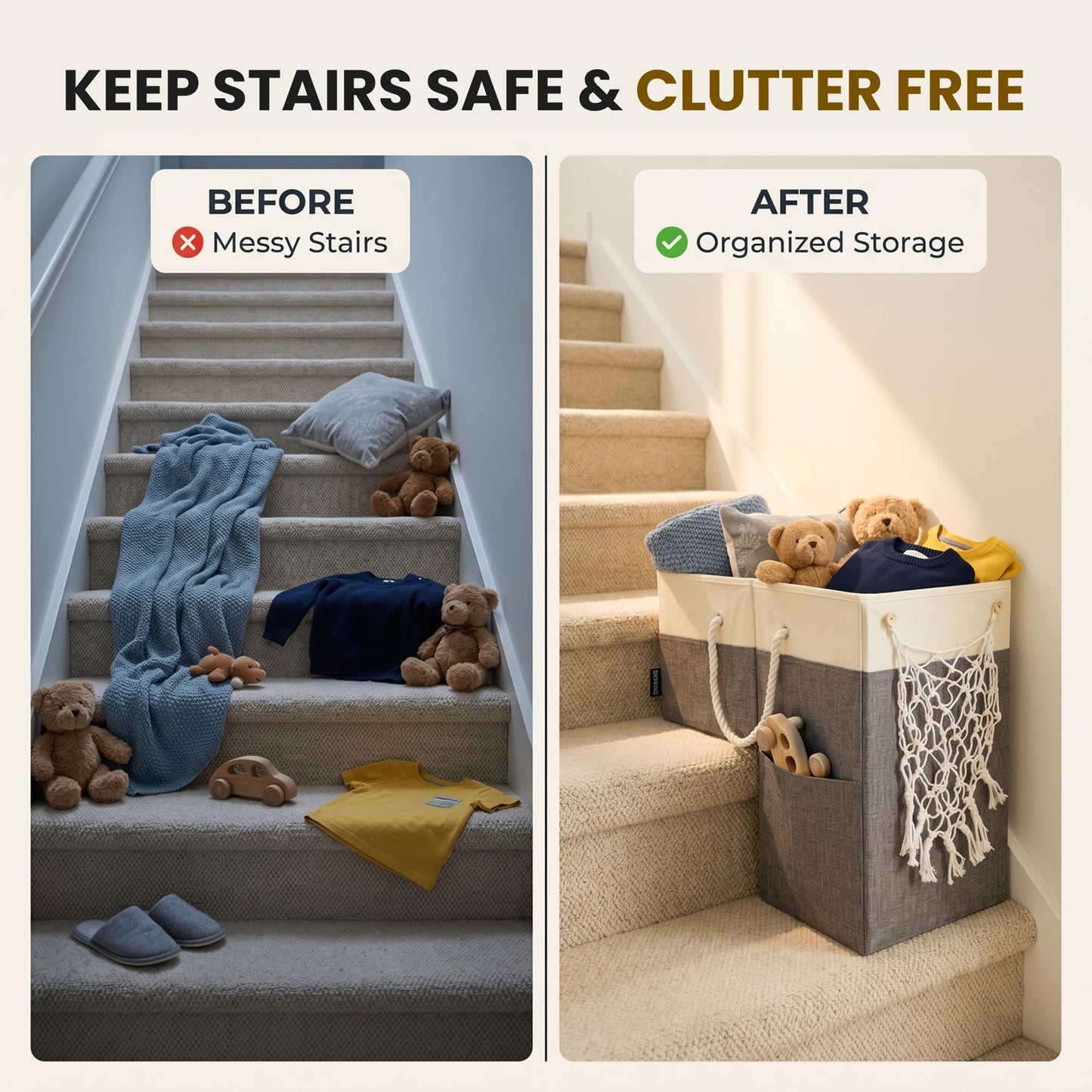 DONAQ Stair Basket with Hammock for Carpeted & Wooden Stairs – Staircase Basket Organizer for Laundry, Toys, Books, Blankets & Household Storage - Large Stairstep Basket Bin with Cotton Handle