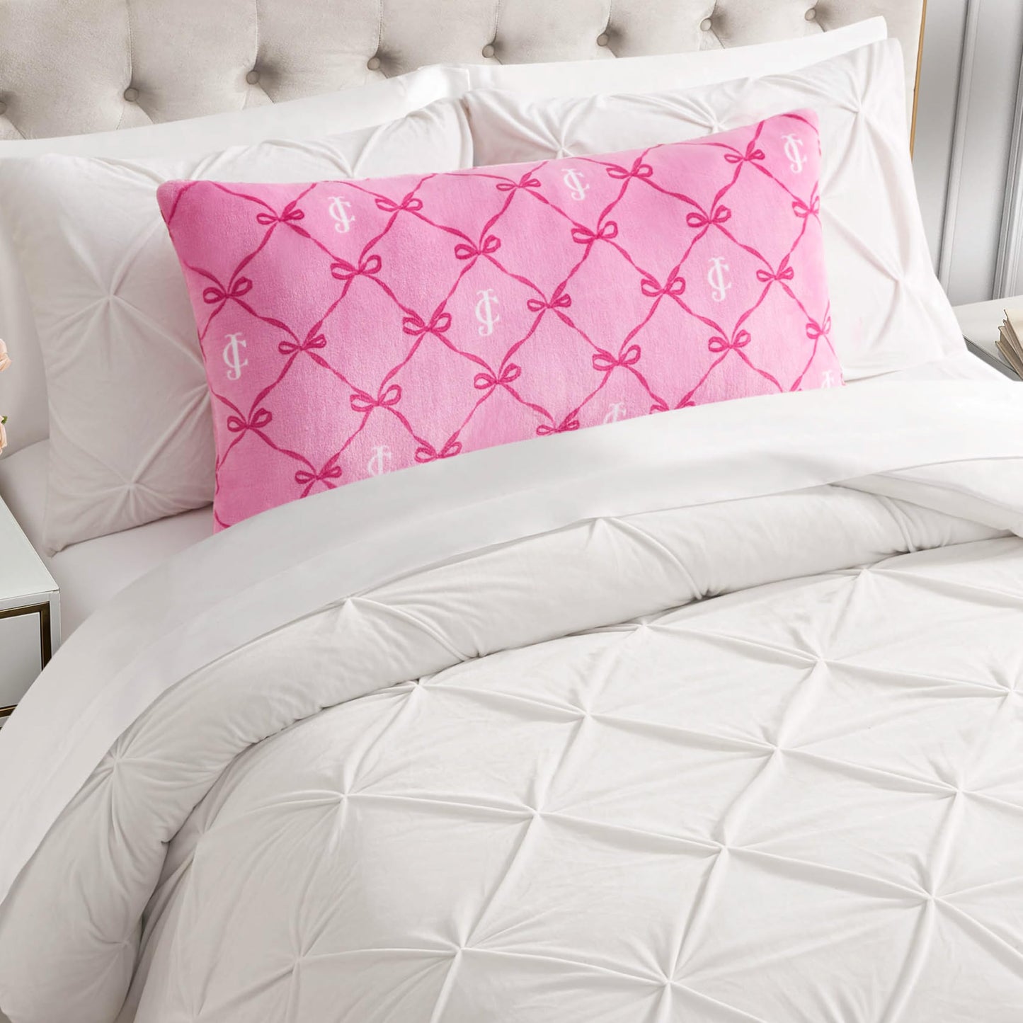 Juicy Couture 18" x 36" Plush Body Pillow, Pink Bow Lattice