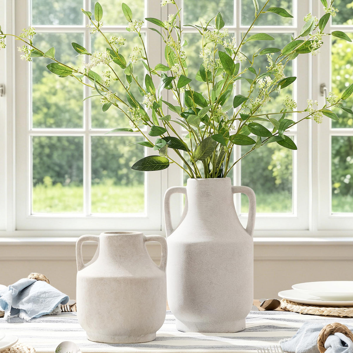 Mitt&Ditt Ceramic Flower Vase with Handles, 11 inch Tall Off-White Vase, Large Decorative Terracotta Vases, Farmhouse Rustic Pottery Vases for Home Decor, Living Room, Table