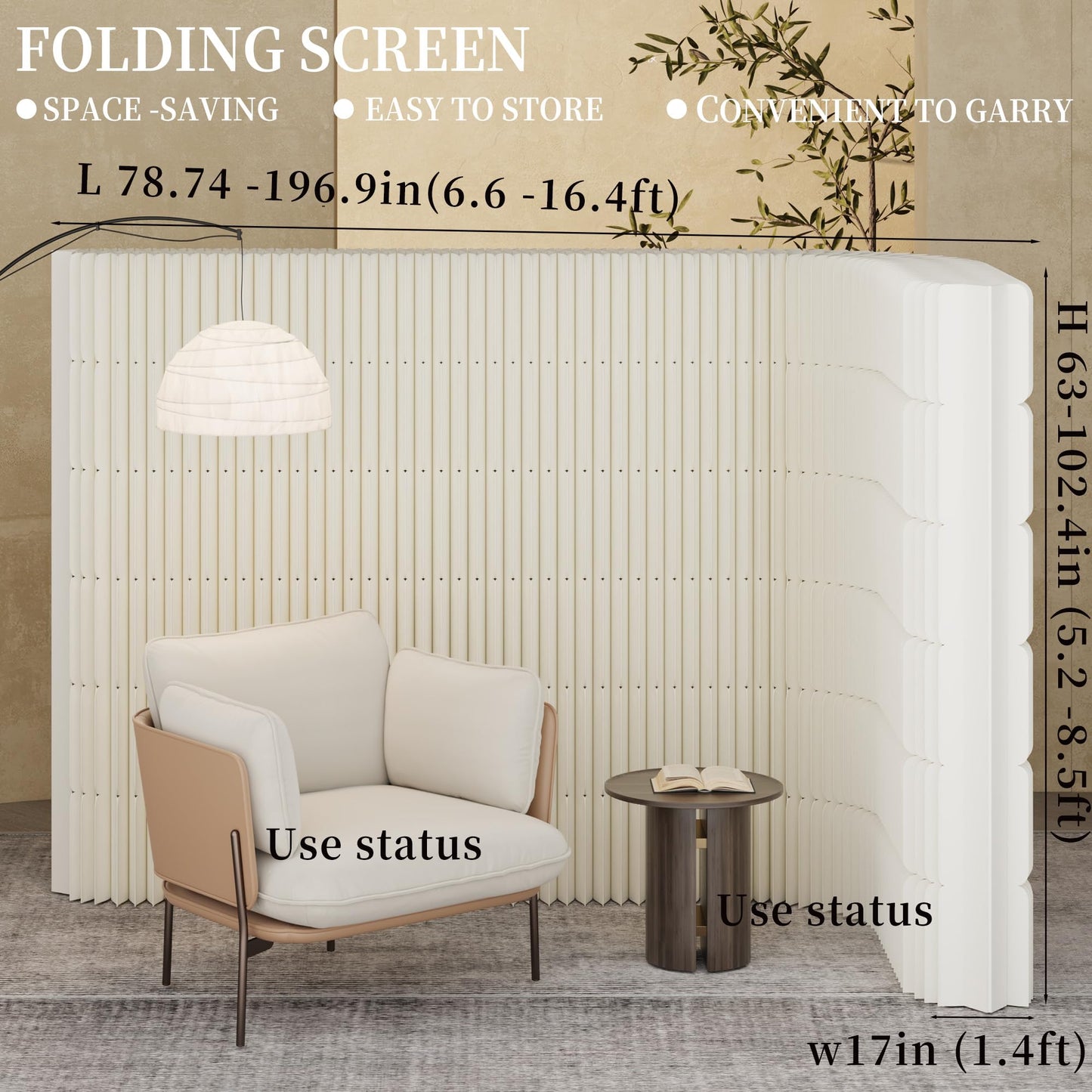Foldable Paper Room Divider - Portable Accordion Privacy Screen, Freestanding Partition for Living Room & Home Office, Easy to Assemble as Room Divider or Backdrop Wall (H78.7in * L118in)