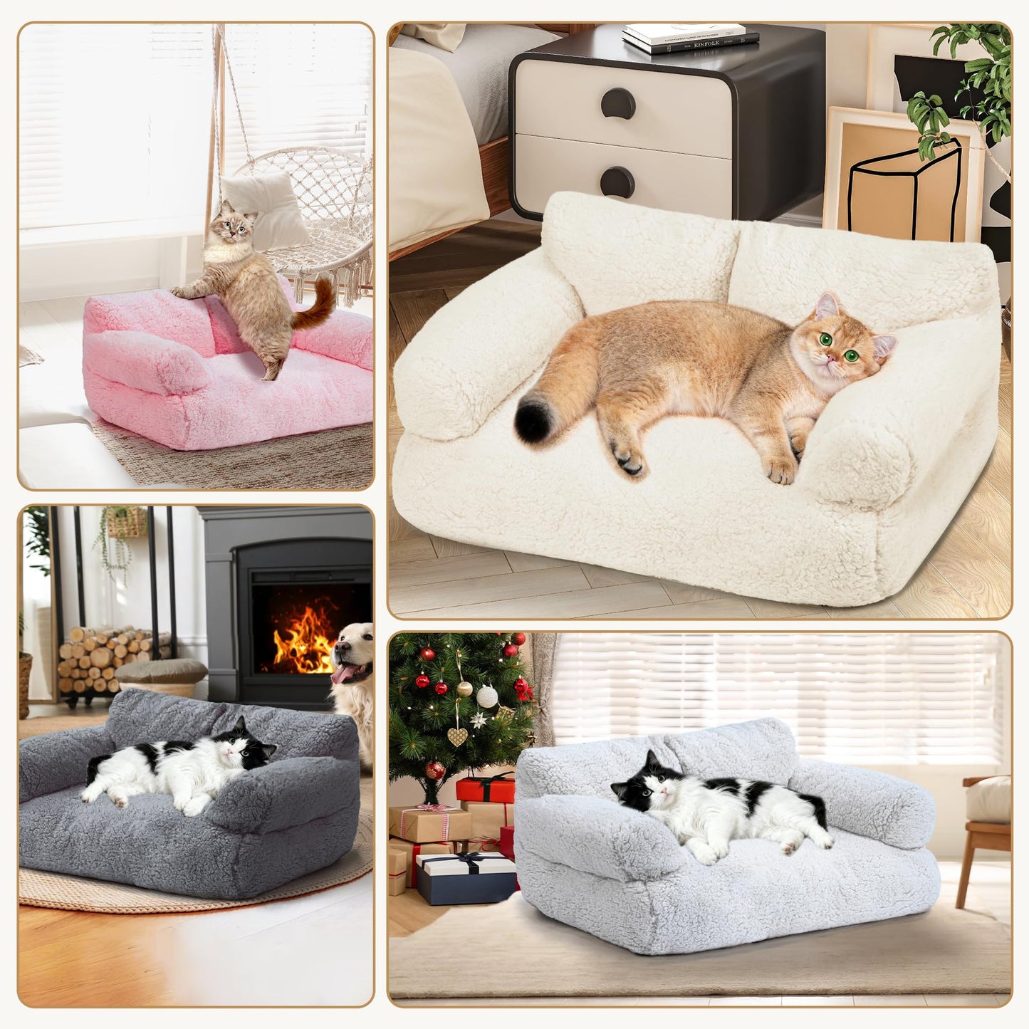 FURMORENE Large Cat Beds for Indoor Cats, Dog Couch Bed, Cute Cat Couch Sofas for Less 20lbs Kitten Puppy, Small Dog Sofas & Chairs with Removable Washable Cover, Soft Warm Pet Furniture, Cream