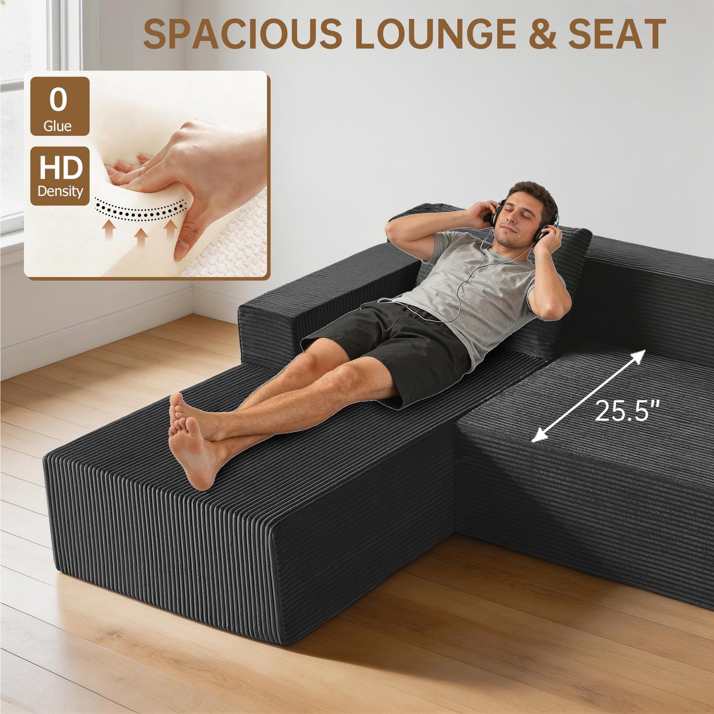 Nigoone 103" Boneless Corduroy Sectional Couch with Left Chaise, Modular L Shaped Couches for Living Room, Large Minimalist Modern Deep Seat Floor Sofa Set, No Assembly