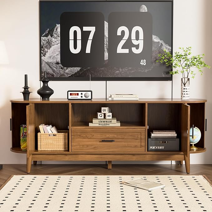 Mxtxmy 63" Fluted TV Stand for Tvs up to 70", Mid-Century Modern Entertainment