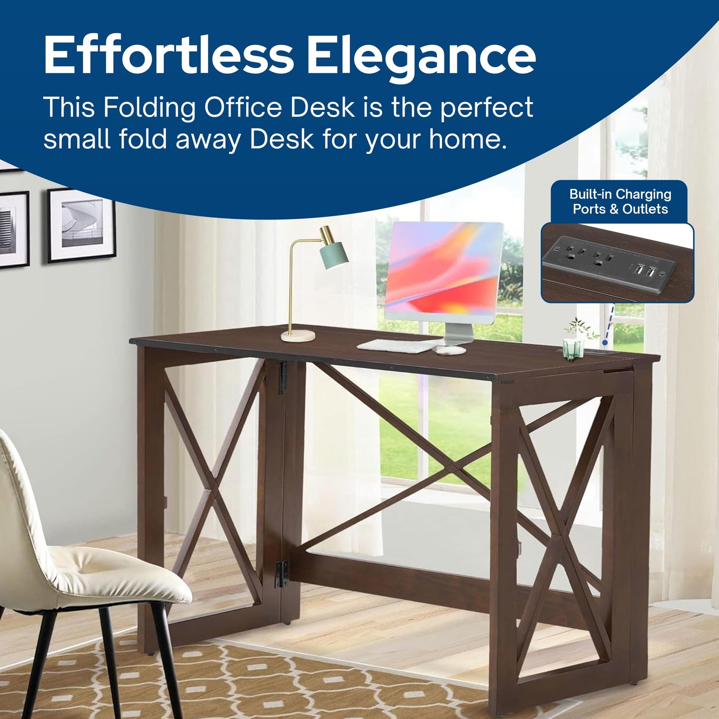 MECO Stakmore 110 Volt Stylish Versatile Expandable Folding Desk with Built in Outlets for Home Office, Den, or Living Room, Espresso