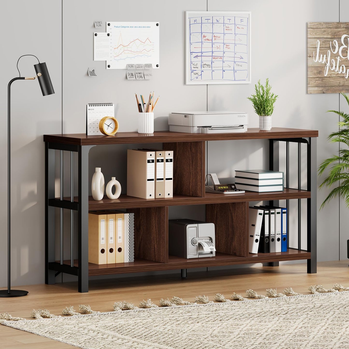IBF Horizontal Bookshelf, Industrial 5 Cube Storage Organizer Open Shelf, Modern Wide Book Shelf for Bedroom Living Room, Rustic Wood and Metal Low Short Bookcase for Home Office, Walnut Oak, 47 Inch