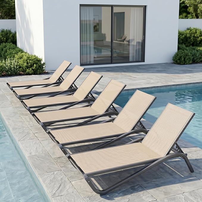 Set of 2 Patio Chaise Lounge Chairs, All-Weather Aluminum Pool Loungers